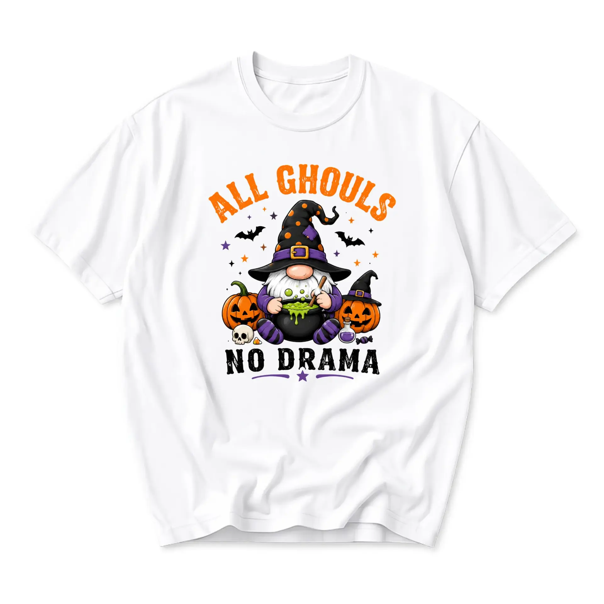 Funny Shirt All Ghouls No Drama Halloween Graphic Tee Cute Witch Gnome Illustration Soft Cotton Unisex Crew Neck