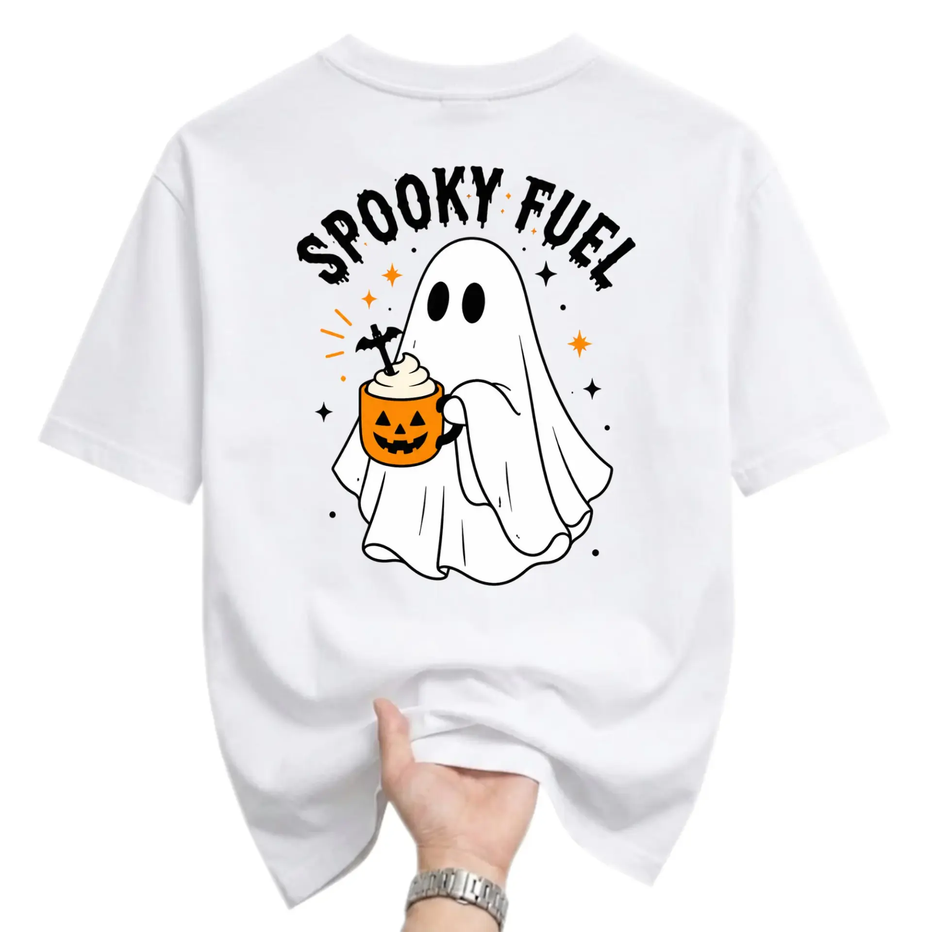 Funny Shirt Spooky Fuel Ghost Drinking Pumpkin Mug Graphic Tee Retro Halloween Unisex Cotton Crew Neck Casual Top