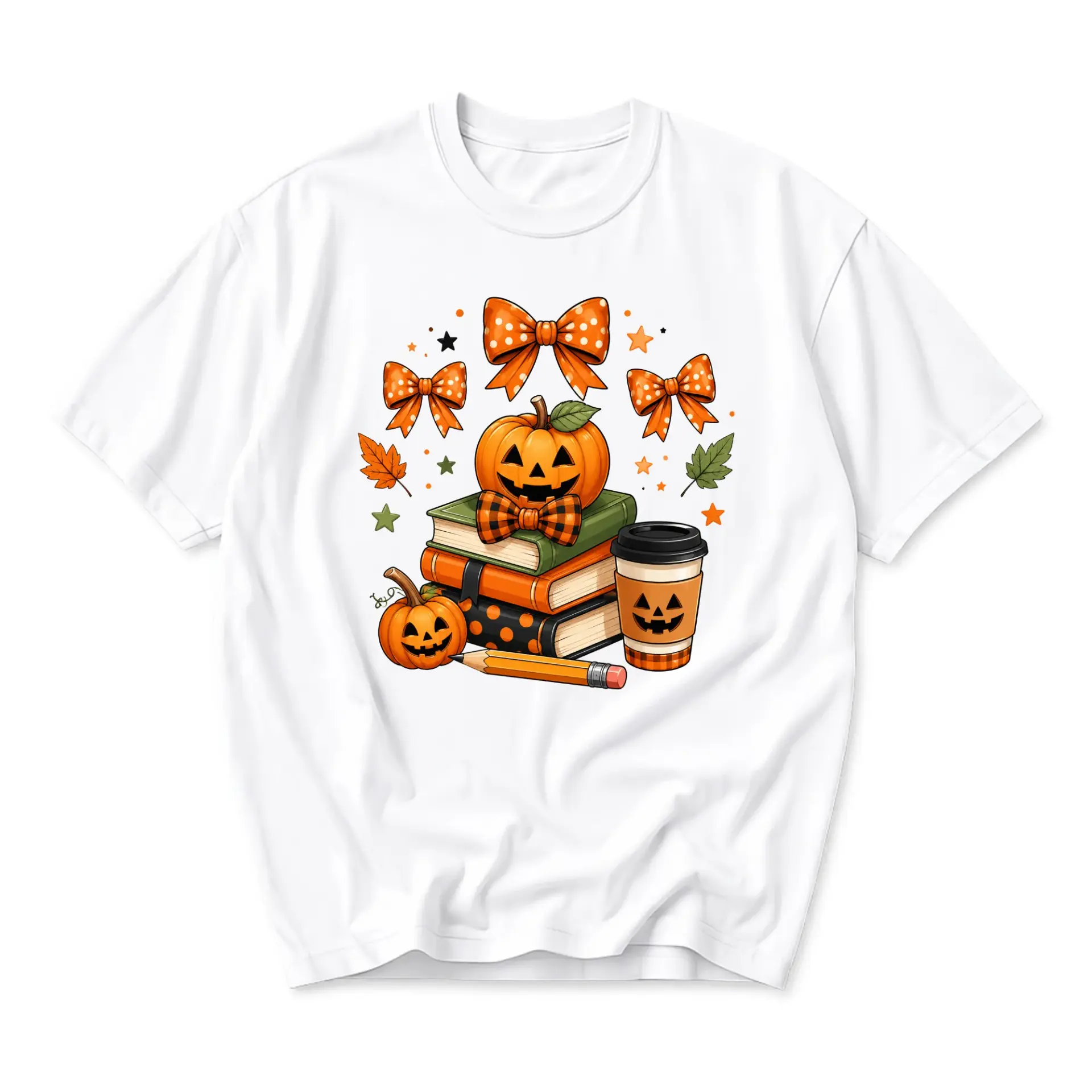 Graphic Tee Autumn Pumpkin Books and Coffee Illustration Unisex Crew Neck Comfortable Cotton Blend Casual Shirt