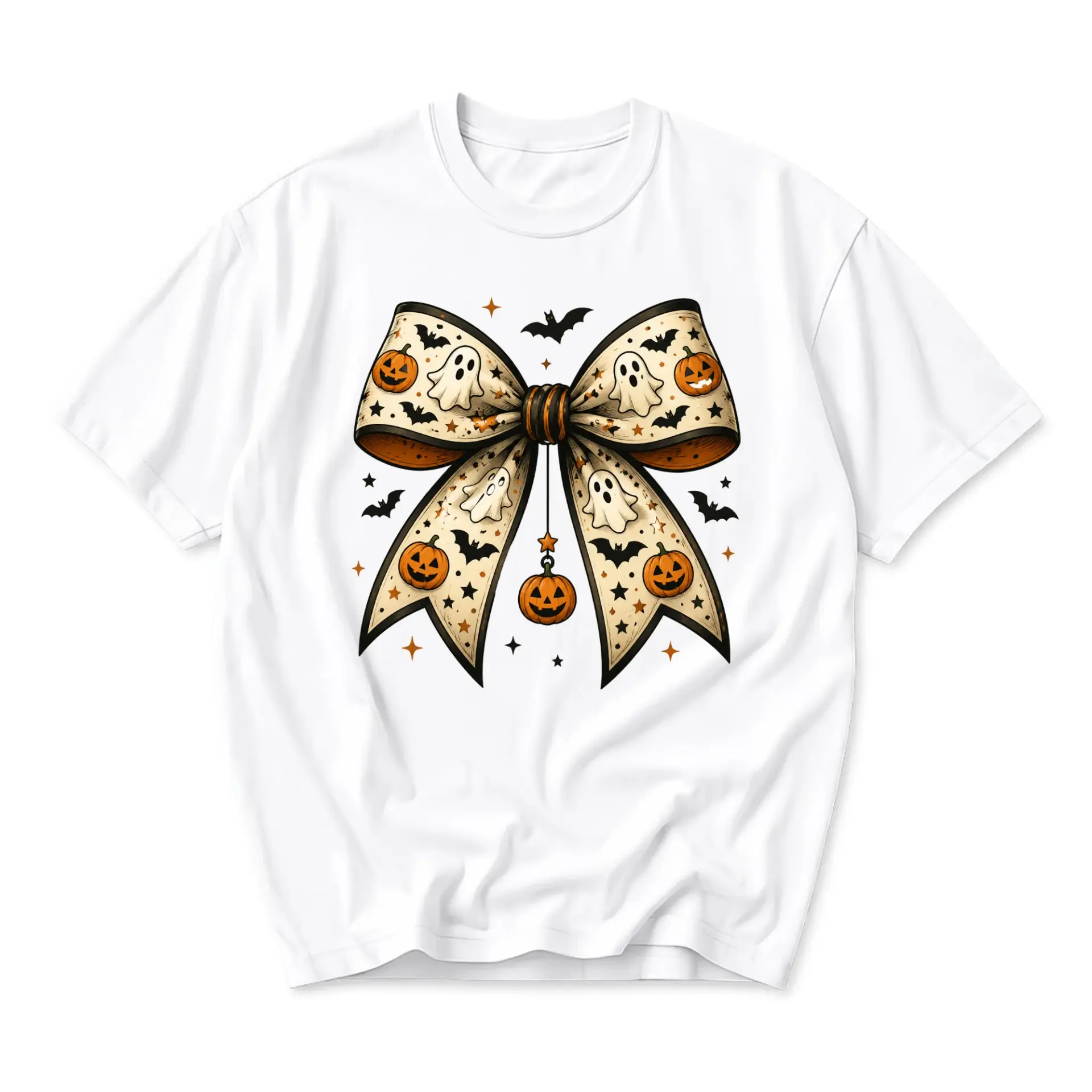 Graphic Tee Halloween Bow Print Unisex T-Shirt Festive Holiday Pumpkin and Ghost Seasonal Casual Crew Neck Apparel