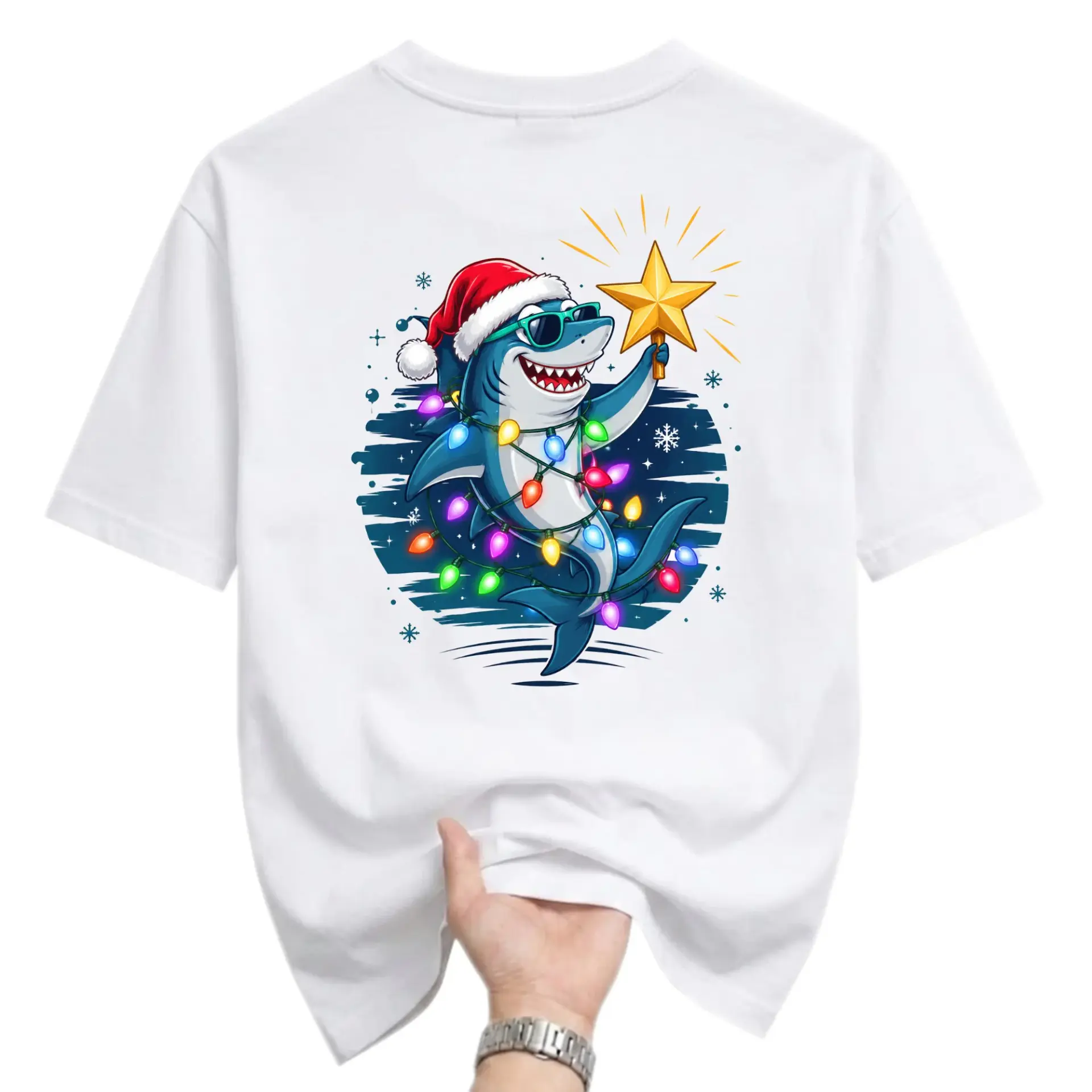 Graphic Tee Unisex Crew Neck Shark Wearing Santa Hat and Christmas Lights
