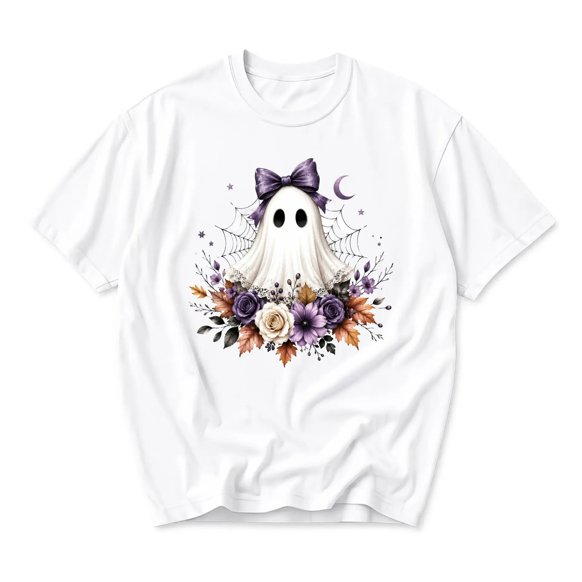 Graphic Tee Unisex Crew Neck T-Shirt Featuring Spooky Cute Ghost with Floral Bouquet and Purple Bow Design