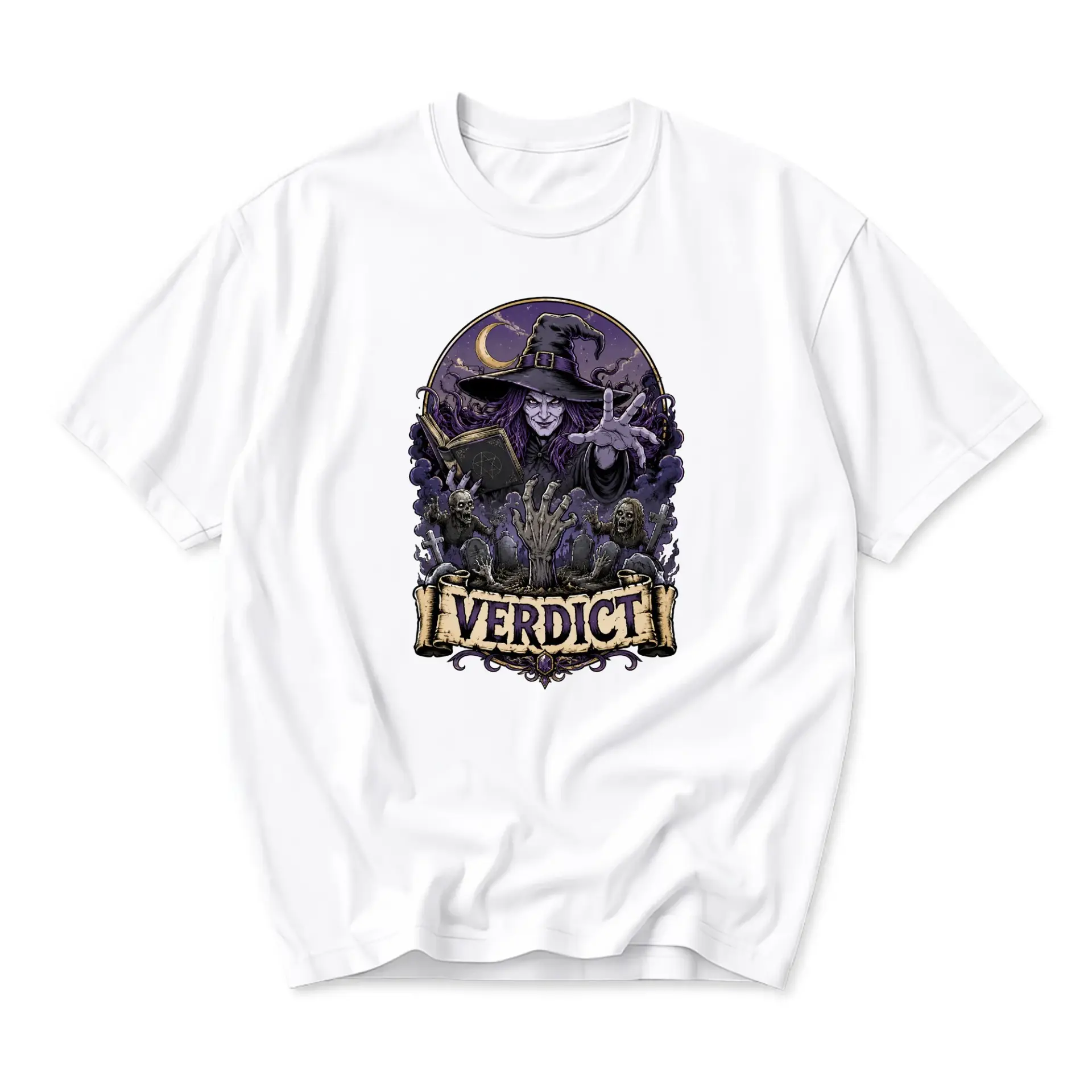 Graphic Tee Witch Art Print Unisex Crew Neck Casual Everyday Shirt Fantasy Illustration Cotton Apparel for Men and Women