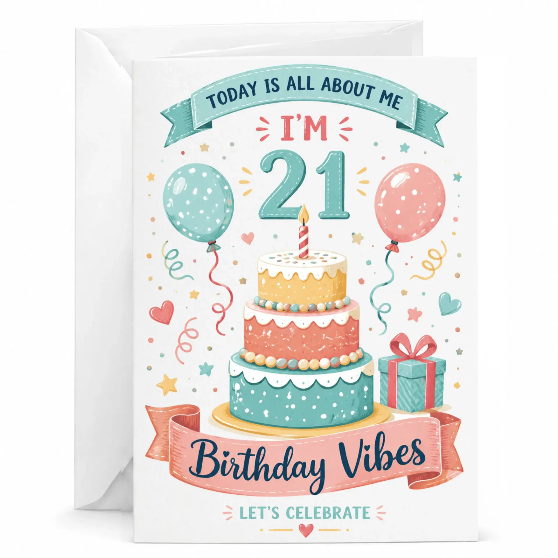 Birthday Card 21st Birthday Party Celebration Funny Greeting Card Featuring Three Tier Cake Balloons and Gift Design