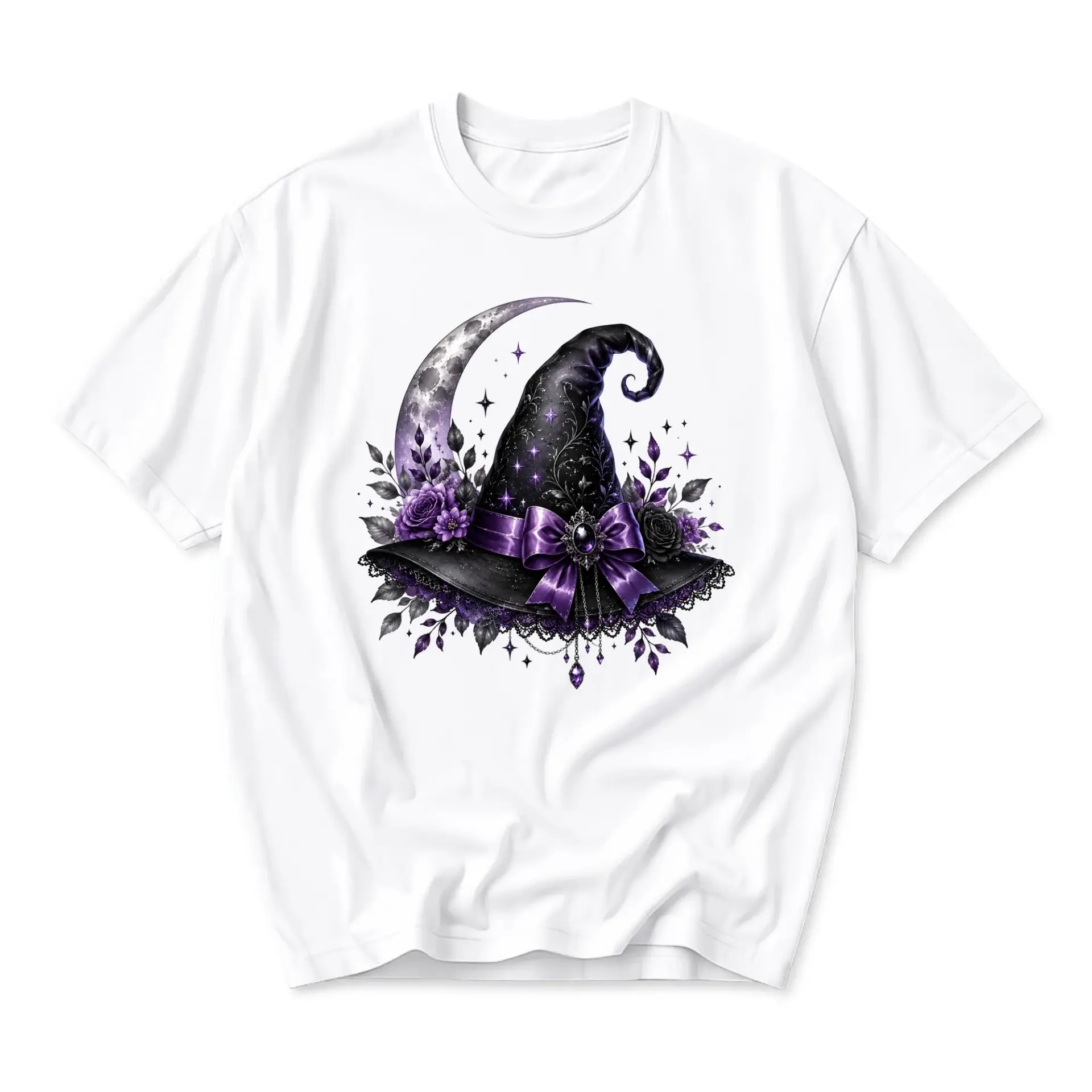 Graphic Tee Witch Hat and Crescent Moon Print Unisex Crew Neck Casual Everyday Wear Soft Cotton Blend T-Shirt