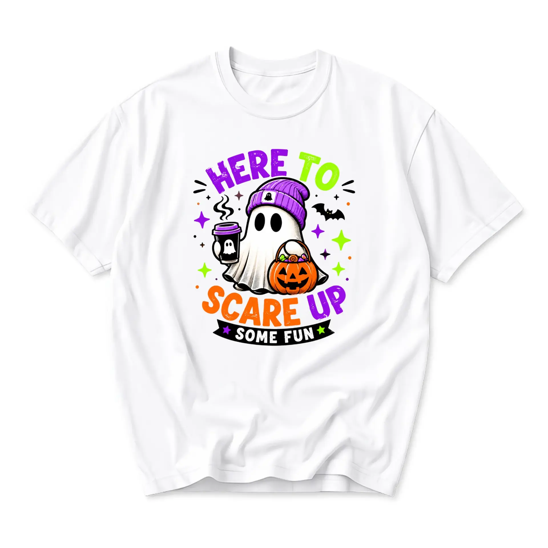 Graphic Tee Unisex Crew Neck Shirt Featuring Cute Halloween Ghost Design with Coffee and Pumpkin Trick or Treat Bucket