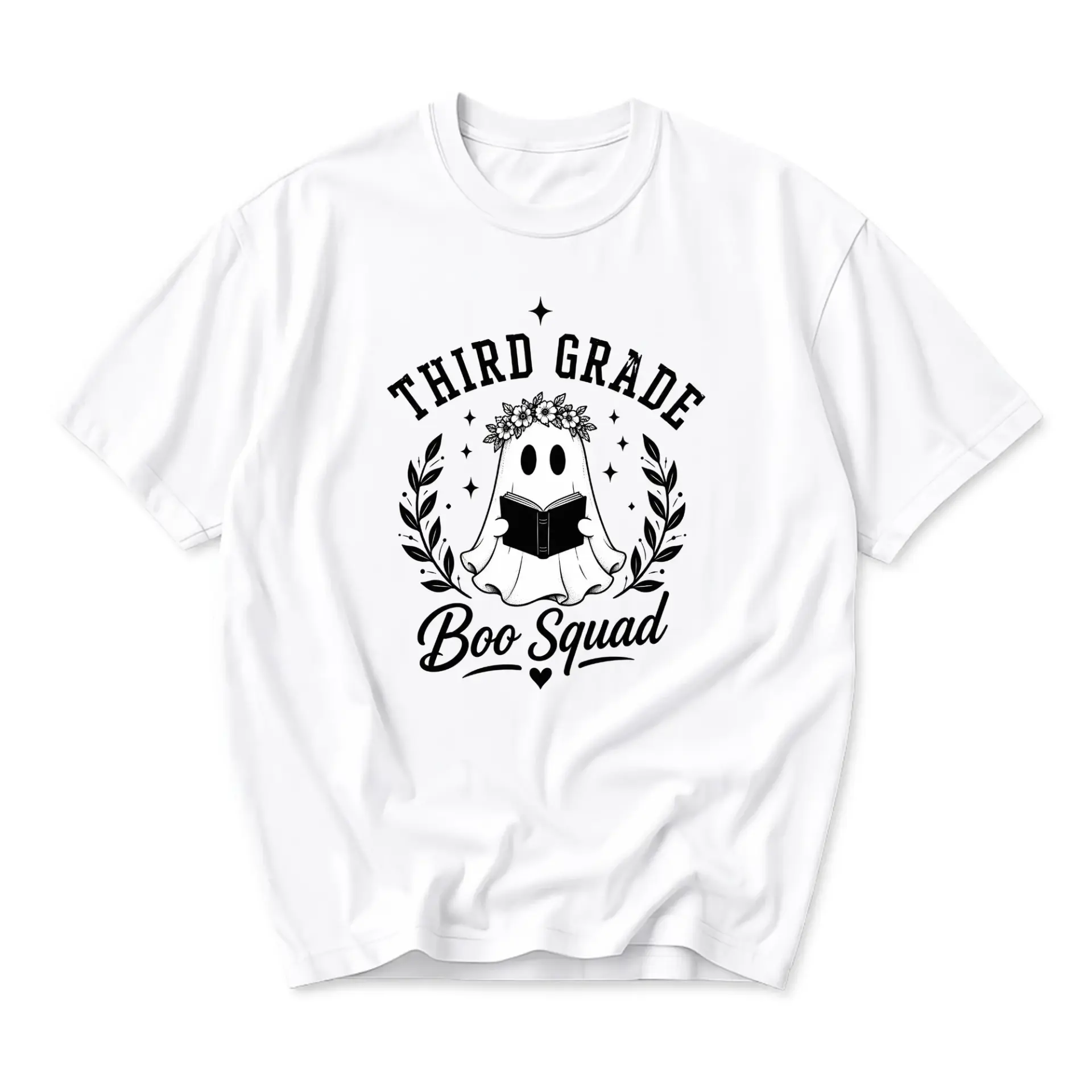 Graphic Tee Third Grade Boo Squad Reading Ghost Design Unisex Crew Neck Soft Cotton Casual Everyday Apparel Top