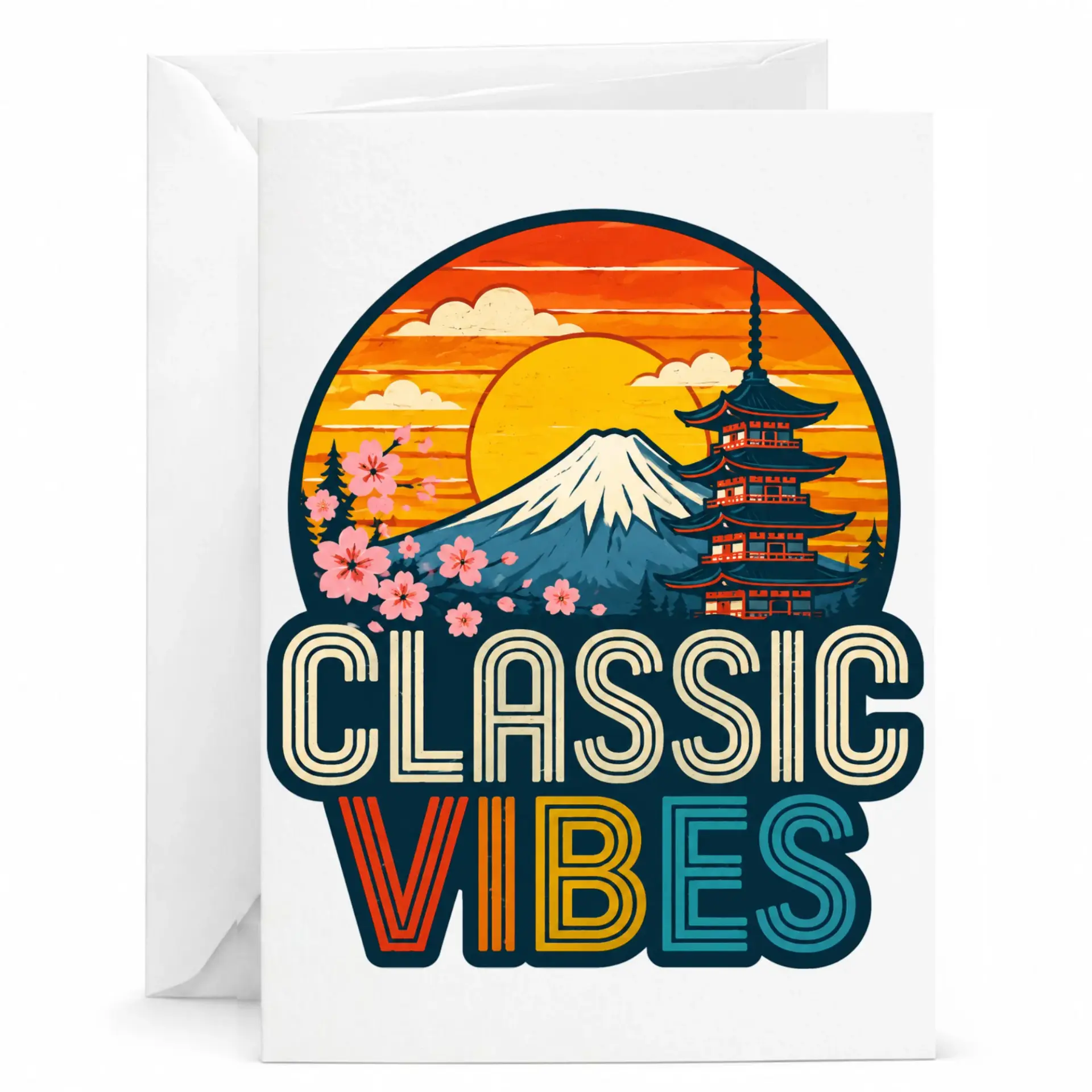 Classic Vibes Greeting Card Featuring Retro Sunset Mountain and Pagoda Illustration Art for Any Special Celebration