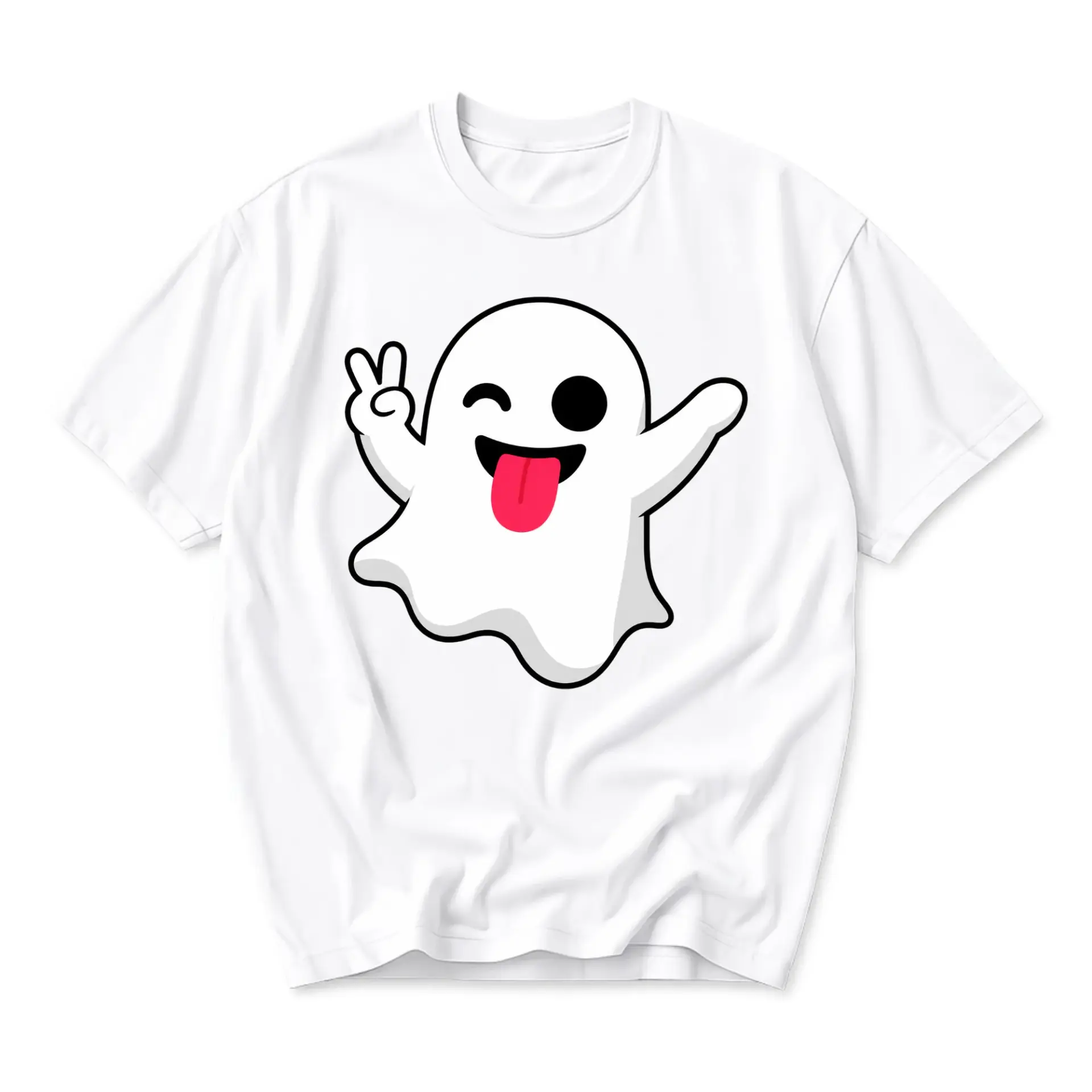Graphic Tee Unisex Crew Neck T-Shirt Featuring a Playful Winking Ghost Character Making a Peace Sign Gesture