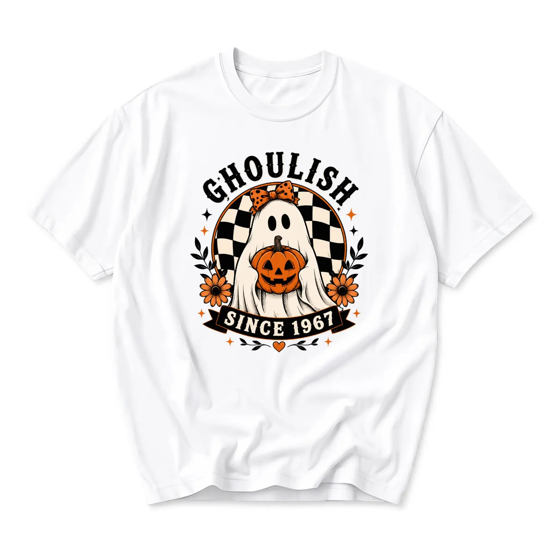 Graphic Tee Ghoulish Since 1967 Ghost with Pumpkin Unisex Crew Neck Casual Everyday Comfort Apparel for Fall Seasons