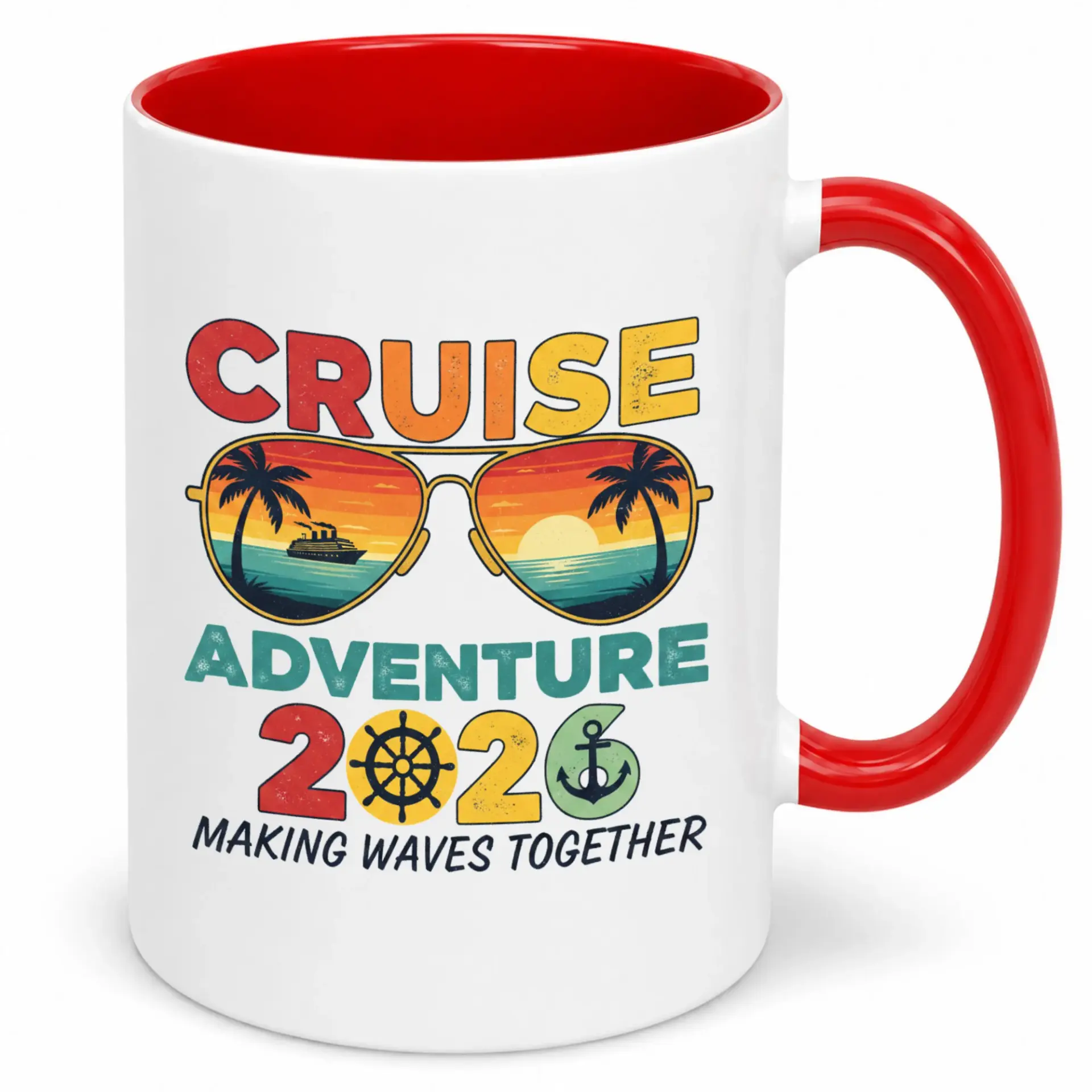 Funny Cruise Adventure 2026 Ceramic Coffee Mug with Tropical Sunset Design – Making Waves Together Vacation Drinkware Gift Idea