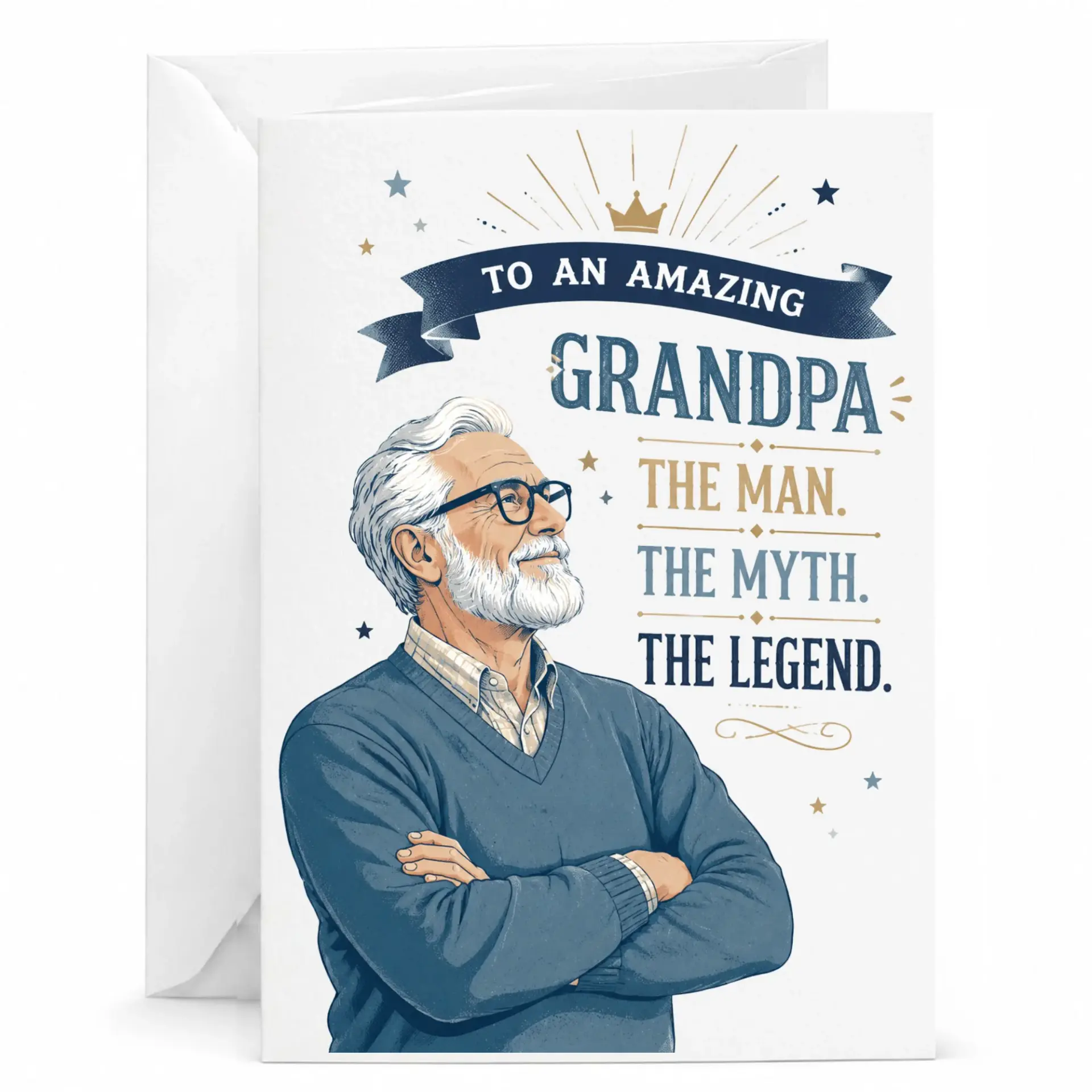 Greeting Card for Grandpa Featuring the Man the Myth the Legend Typography Illustration with Matching White Envelope