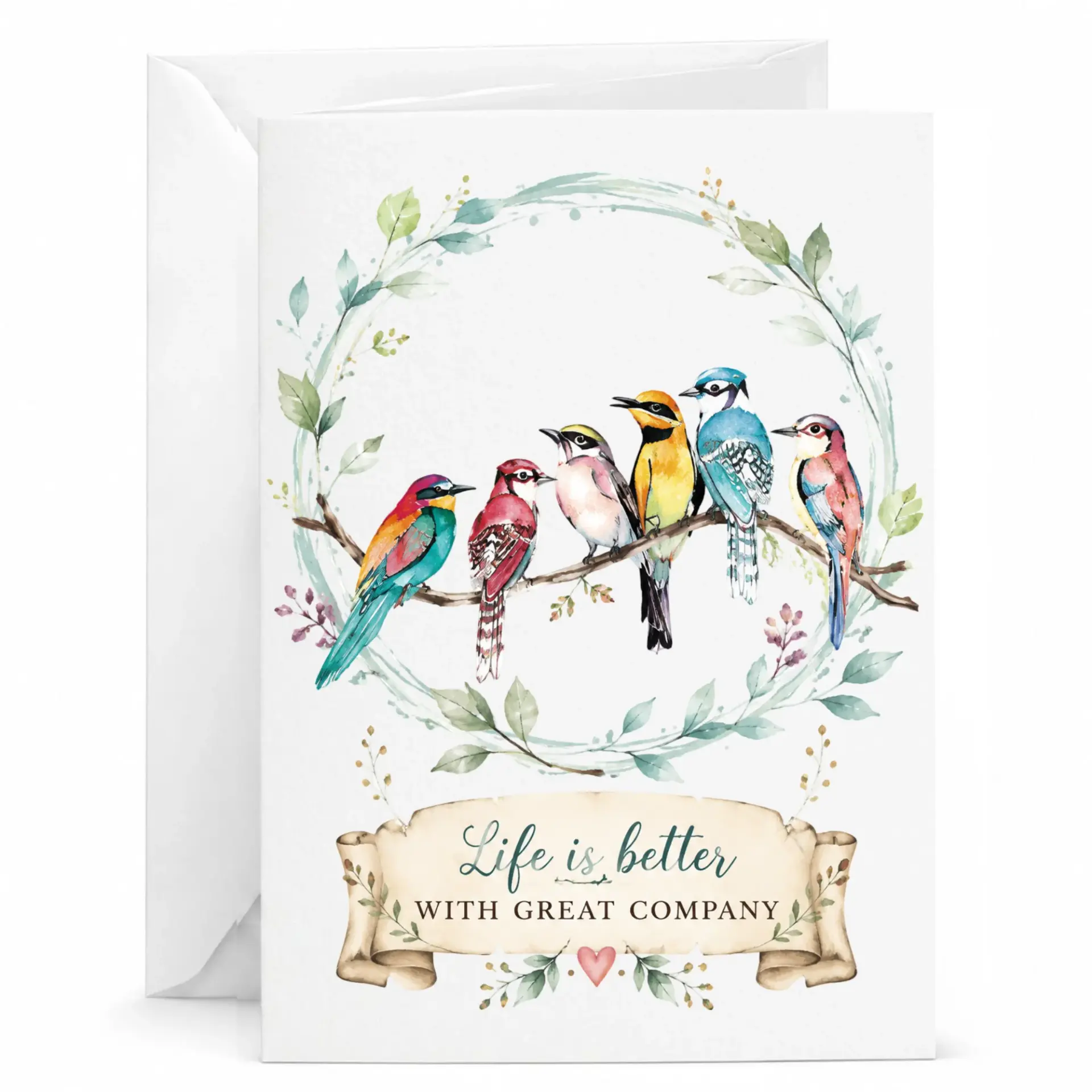 Greeting Card with Watercolor Birds Design and Life Is Better with Great Company Sentiment for Special Occasions
