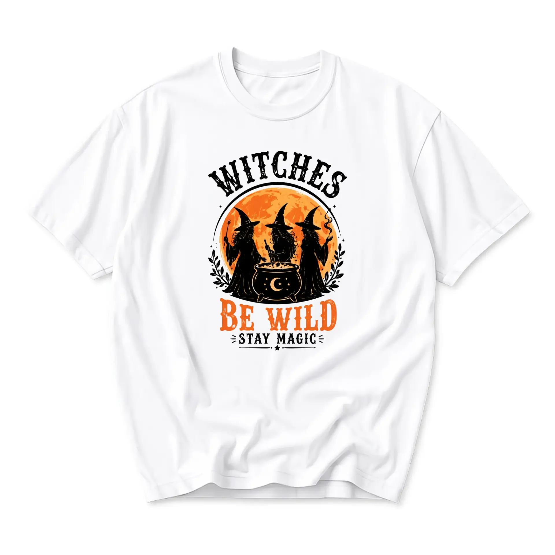 Graphic Tee Witches Be Wild Stay Magic Celestial Moon Cauldron Print Unisex Casual Cotton Crew Neck Short Sleeve Top