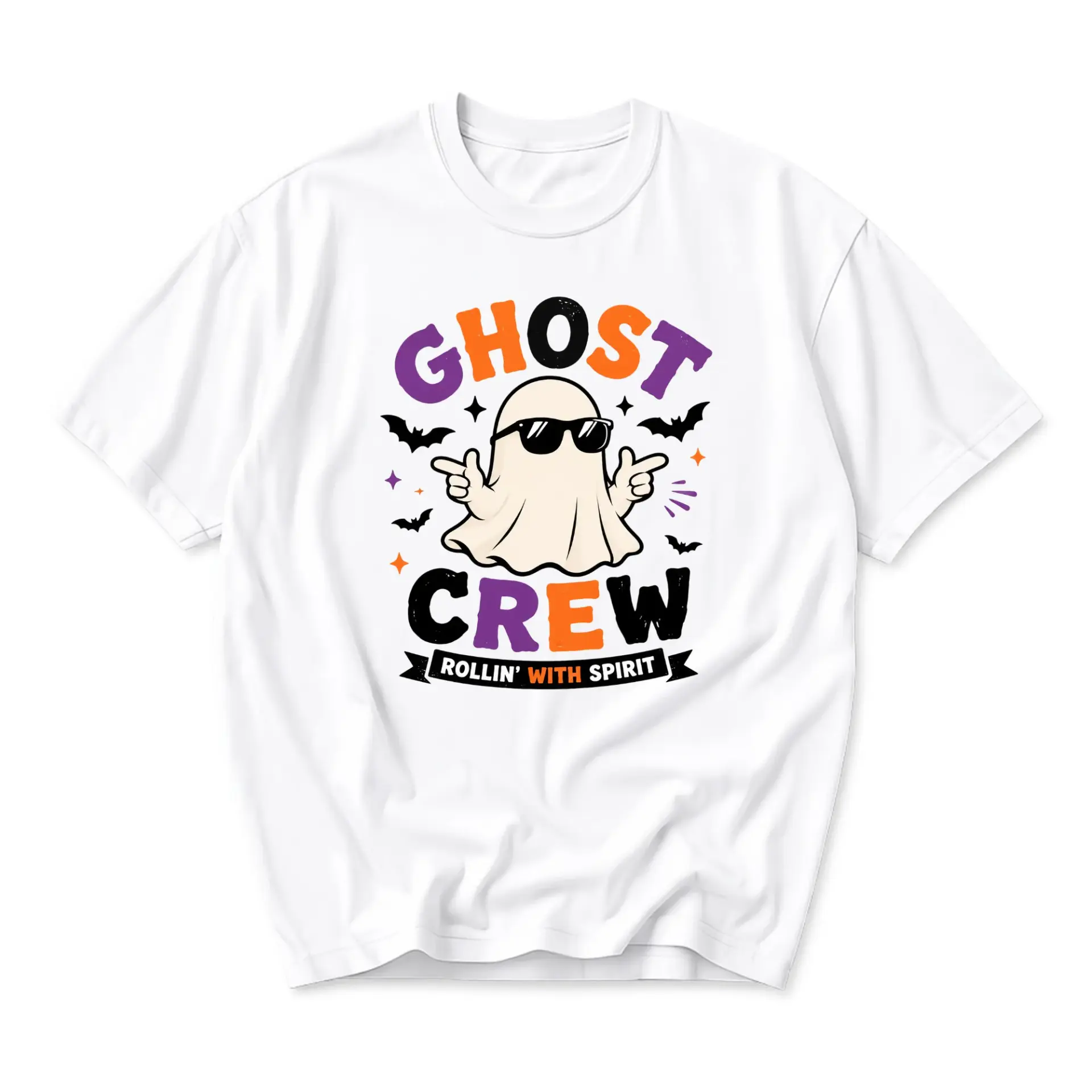 Funny Shirt Ghost Crew Rollin with Spirit Graphic Tee Casual Unisex Crew Neck Top for Fall Season and Everyday Outfits