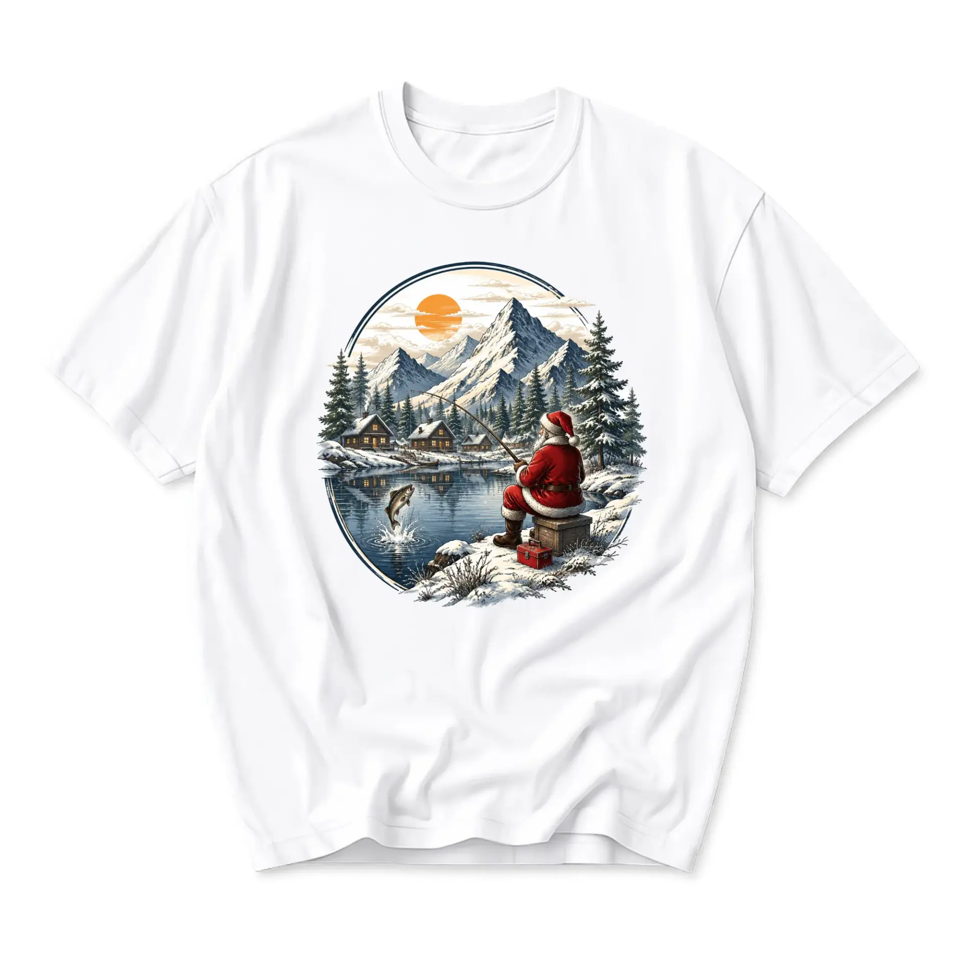 Graphic Tee Unisex Crew Neck T-Shirt Featuring Holiday Fishing Scene with