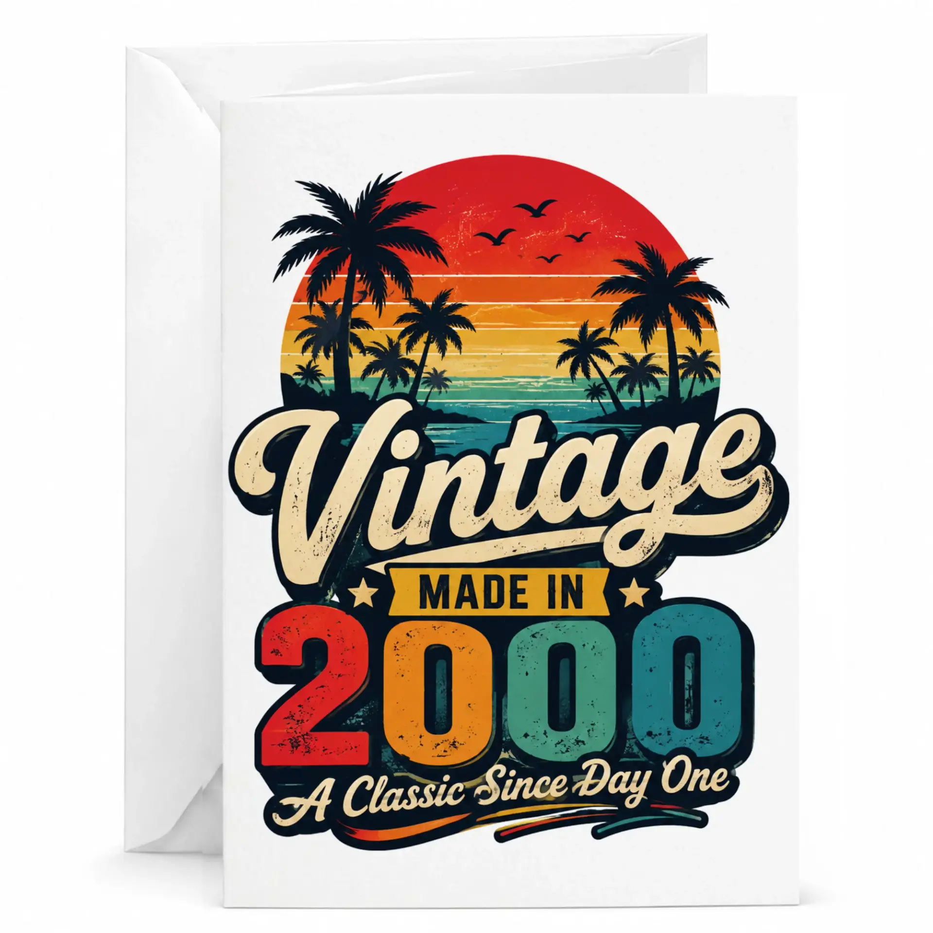 Birthday Card Vintage Made in 2000 Retro Sunset Palm Tree Design for Milestone Celebration Printed Greeting Card