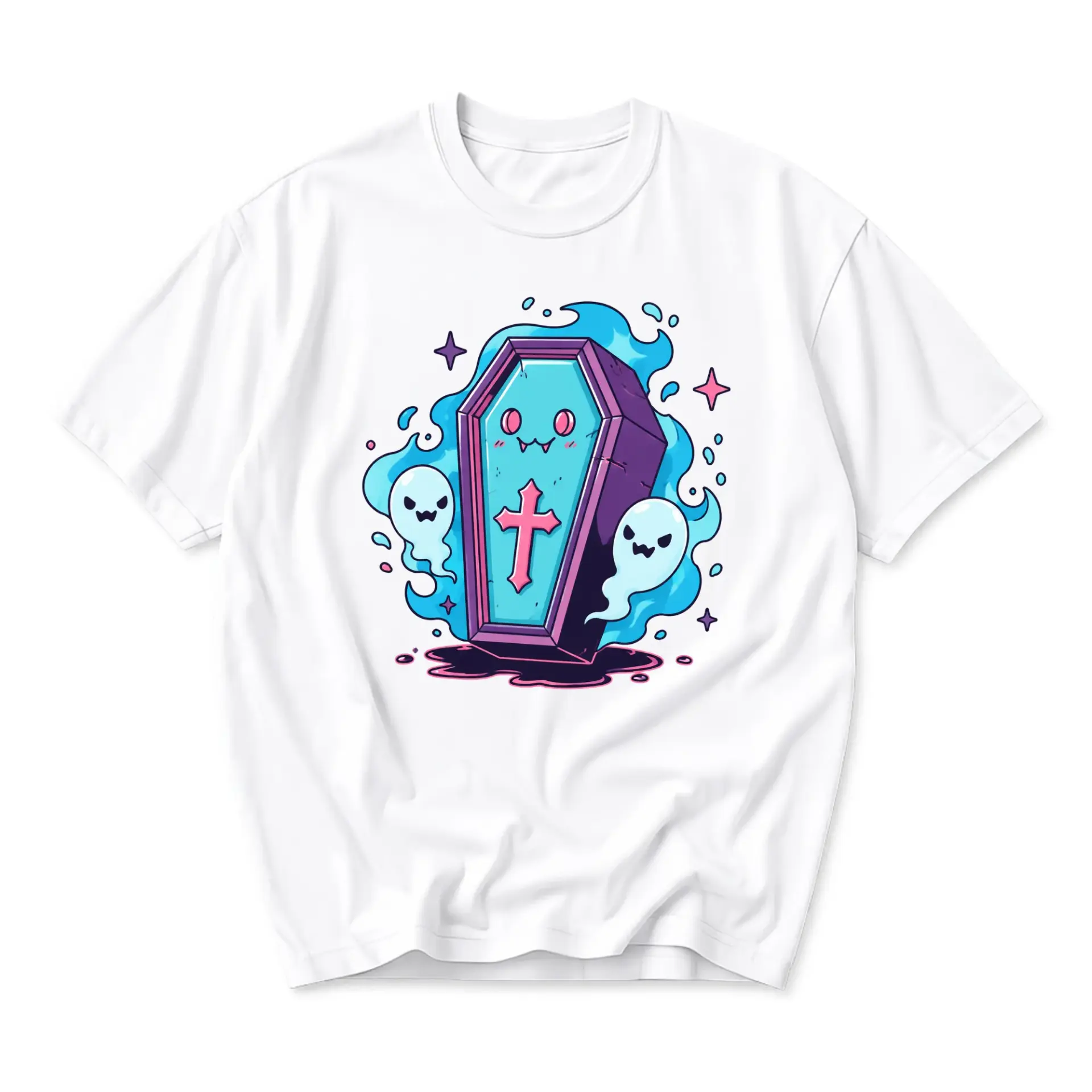 Graphic Tee Unisex Crew Neck T-Shirt Featuring Kawaii Coffin and Ghost Illustration for Casual Everyday Streetwear
