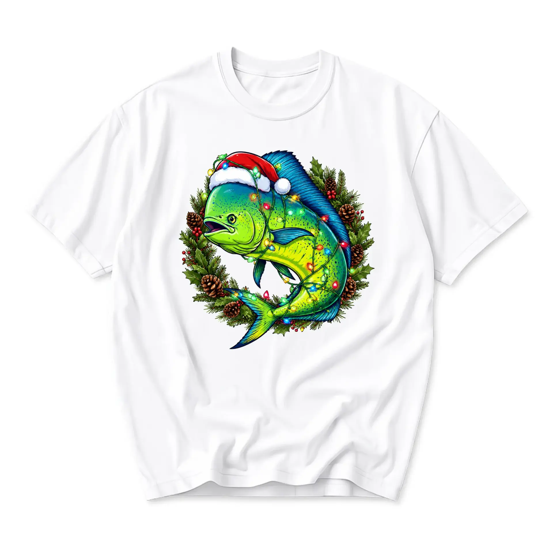 Graphic Tee Unisex Crew Neck T-Shirt Featuring a Festive Mahi Fish Wearing