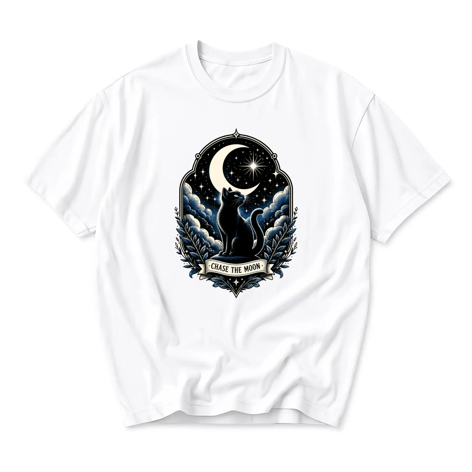 Graphic Tee Chase the Moon Celestial Black Cat Illustration Unisex Crew Neck Short Sleeve Casual Cotton Blend Shirt