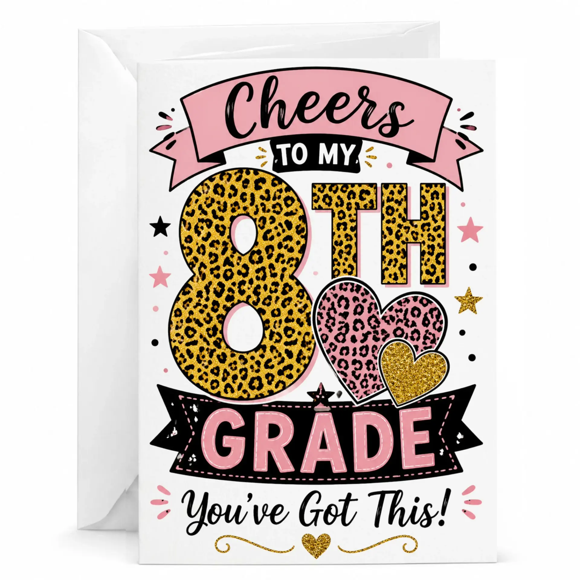 Greeting Card for Eighth Student Featuring Leopard Print Typography and Encouraging Academic
