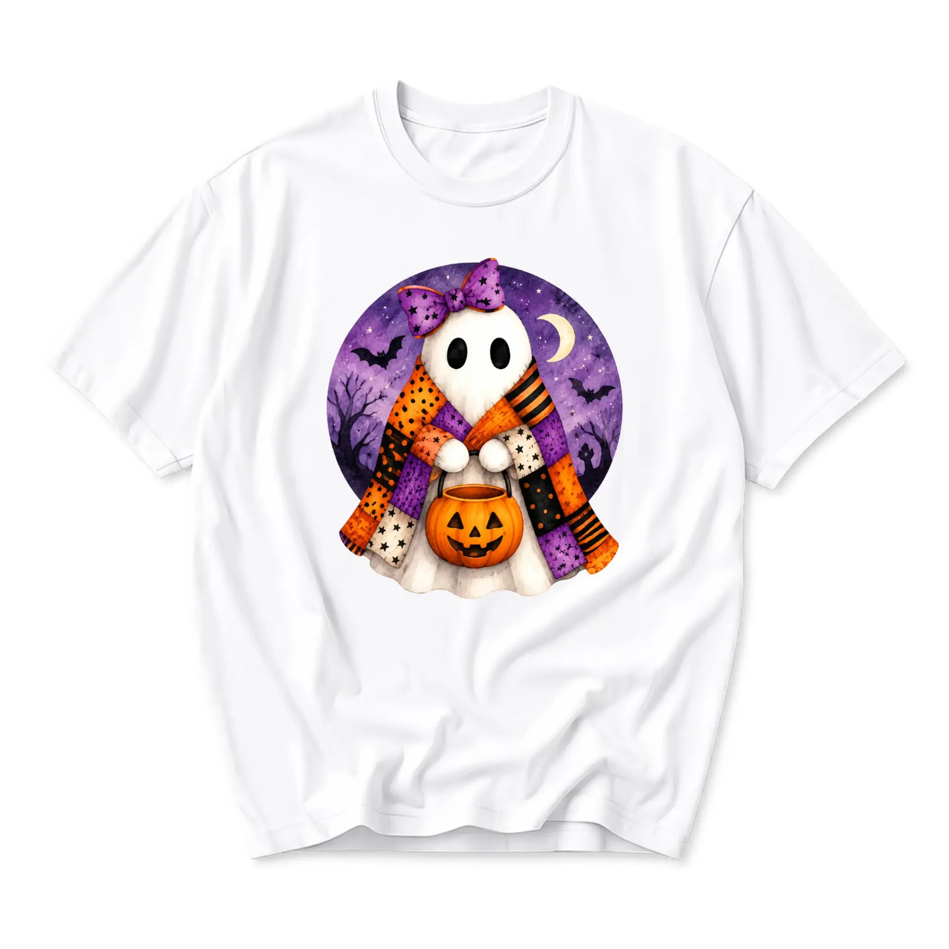 Graphic Tee Unisex Crew Neck T-Shirt Cute Ghost Wrapped in a Patchwork Blanket Holding a Jack-O-Lantern Pumpkin
