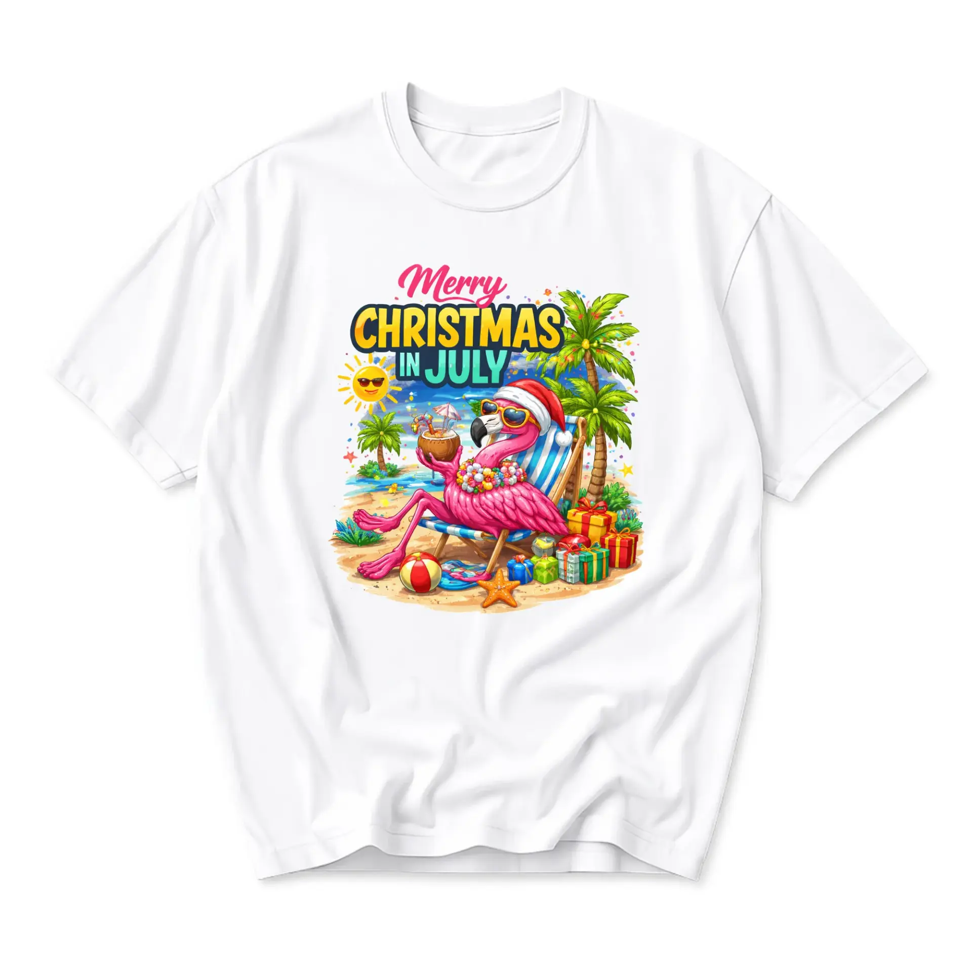 Funny Shirt Merry Christmas in July Flamingo Graphic Tee Unisex Crew Neck Short Sleeve Casual Summer Holiday Apparel