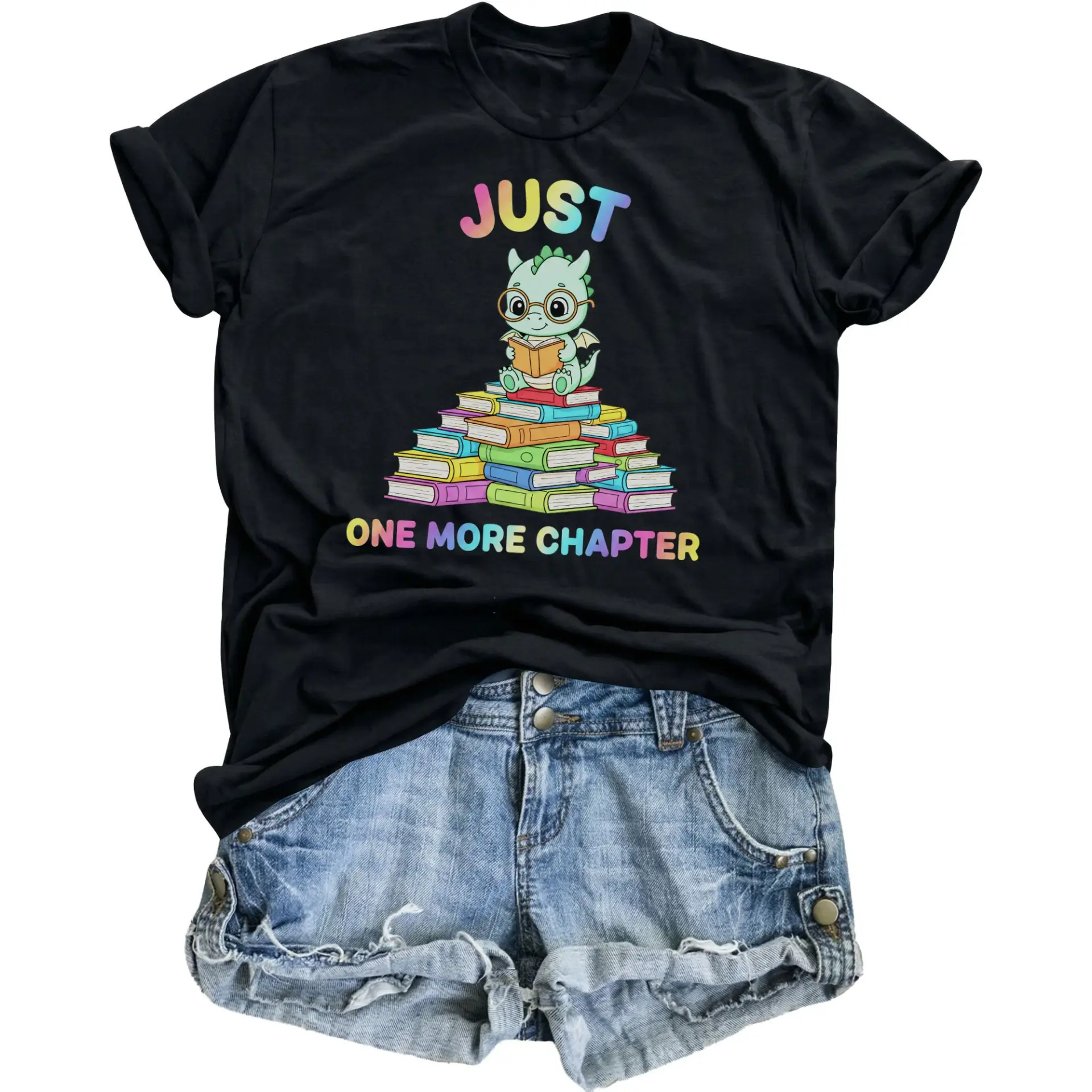 Graphic Tee More Chapter Cute Dragon Reading Books Unisex Casual Short Sleeve Crew Neck Cotton Blend Shirt