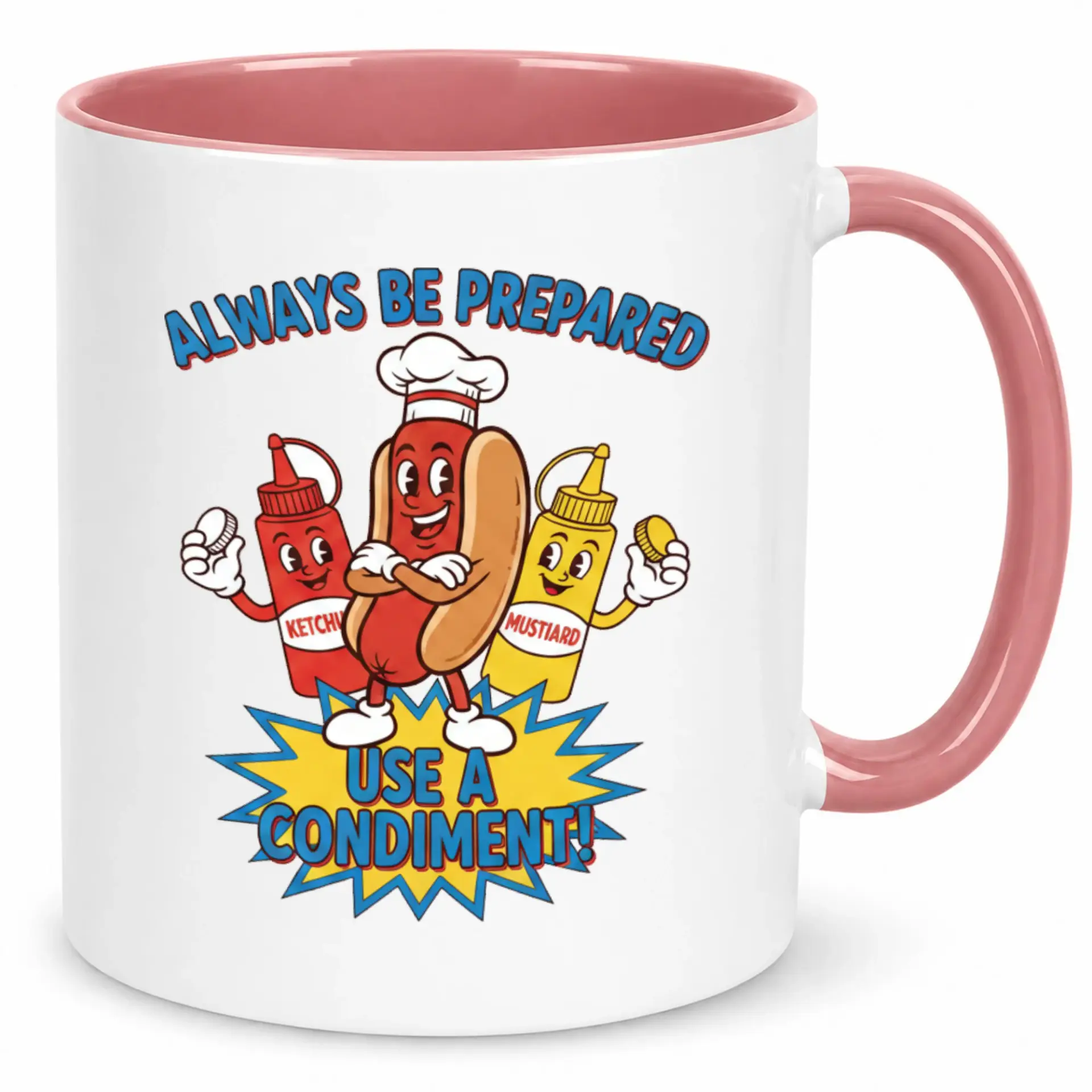Funny Ketchup Mustard Food Pun Coffee Mug with Chef Hat Character Design Unique Condiment Theme Ceramic Beverage Cup for Kitchen Office