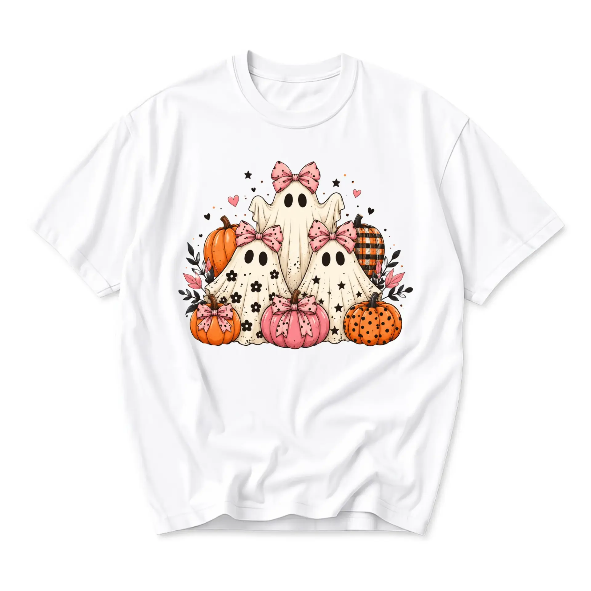 Graphic Tee Unisex Crew Neck Shirt Featuring Cute Ghosts with Bows and Colorful Pumpkins for Fall and Autumn Season