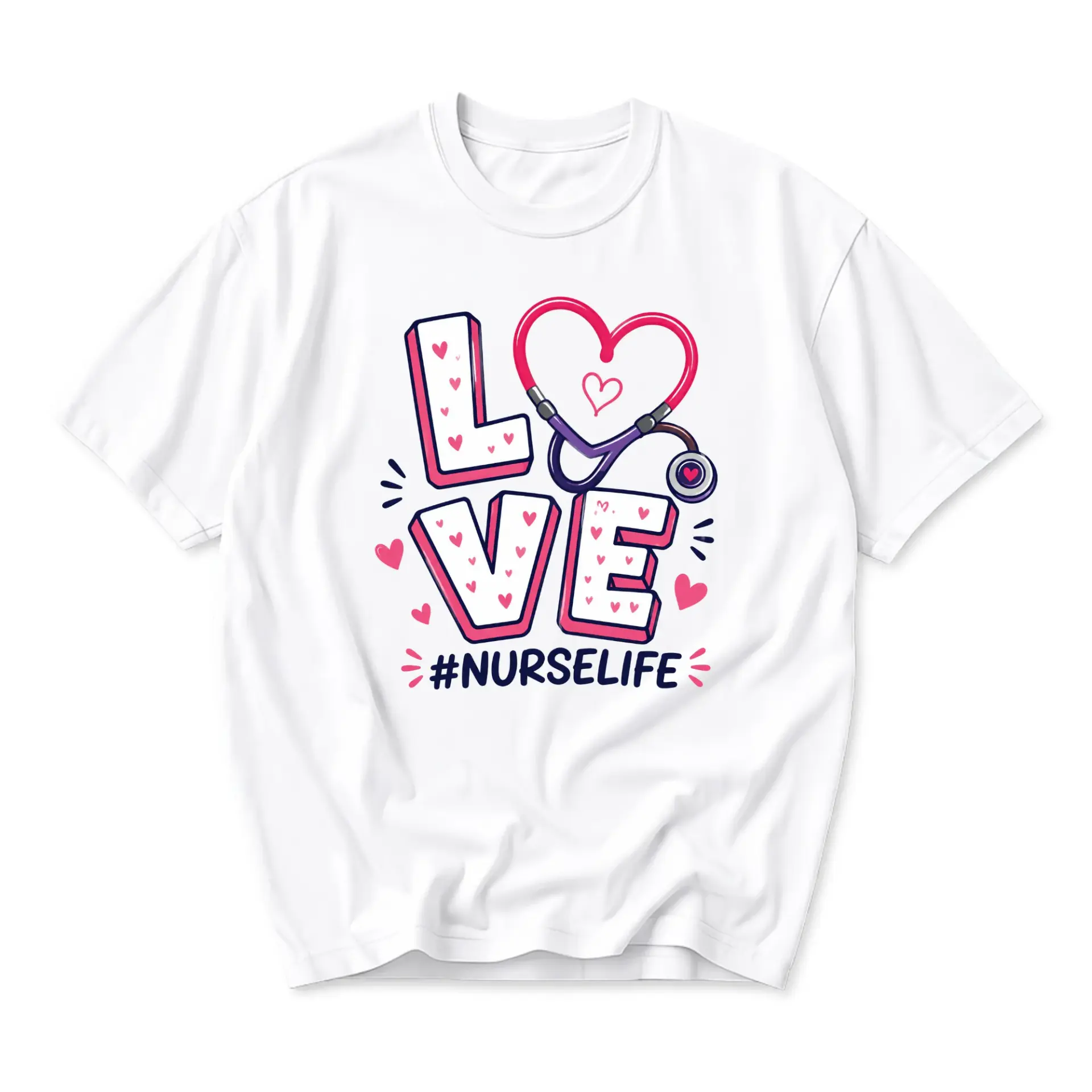 Graphic Tee Love Stethoscope Nurse Life Print Unisex Crew Neck Shirt for Casual Everyday Wear and Medical Professionals