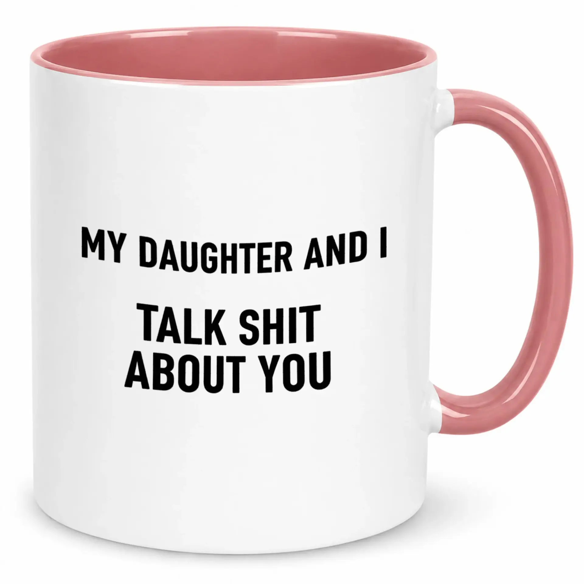 Funny Sarcastic Humor Coffee Mug for Daughter and Parent Unique White Ceramic Drinkware with Pink Handle Interior