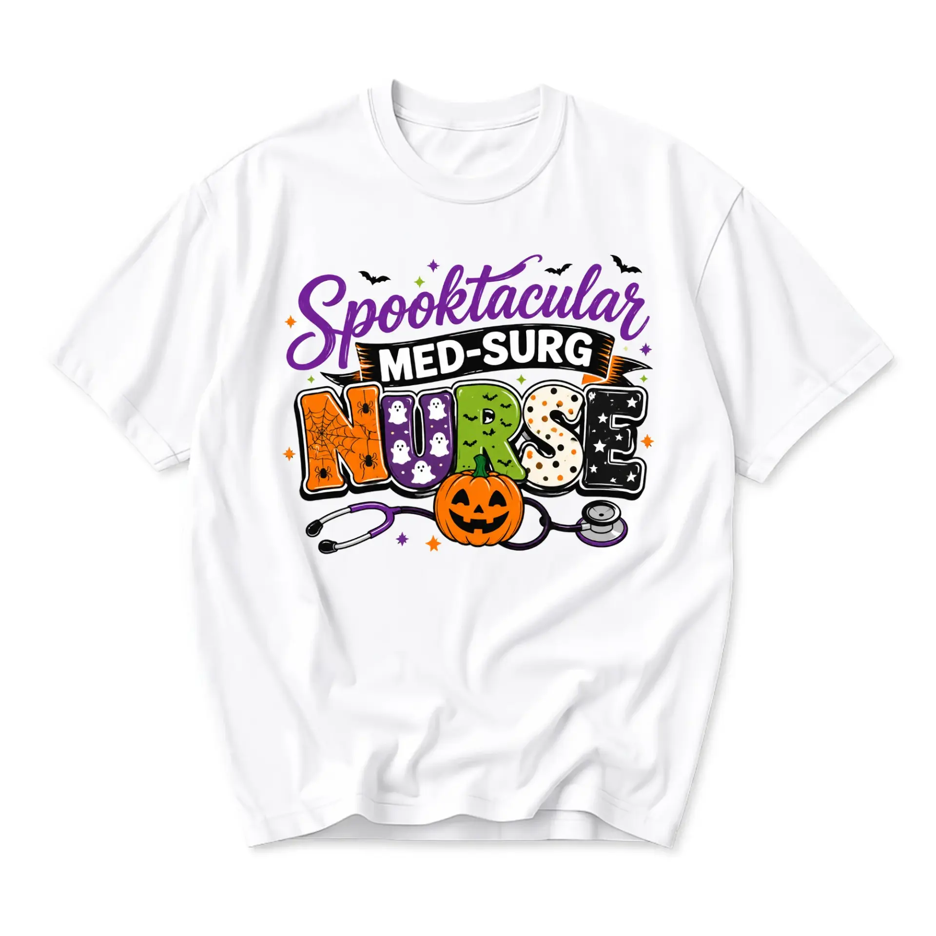 Funny Shirt Spooktacular Med-Surg Nurse Halloween Costume Graphic Tee Casual Unisex Crew Neck Holiday Outfit Top