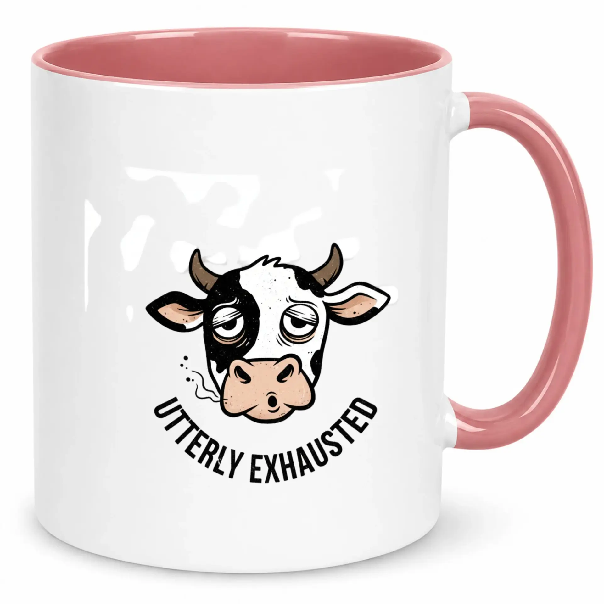 Funny Exhausted Cow Ceramic Coffee Mug with Pink Handle and Interior White Novelty Animal Print Cup for Daily Use Unique Gift Idea
