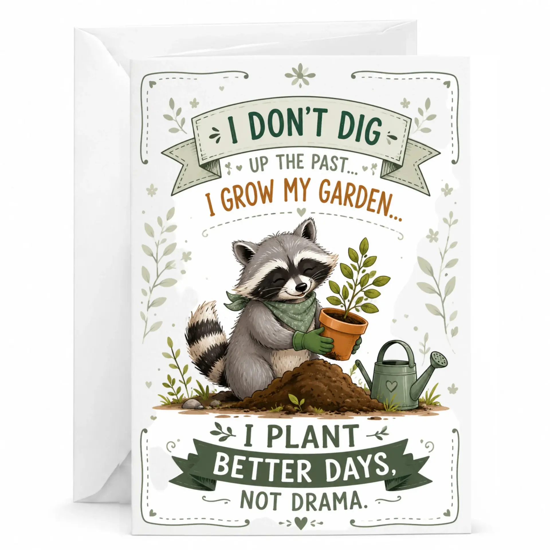 Funny Raccoon Gardening Greeting Card Inspirational Positive Note for Friends 5x7 Folded with Envelope