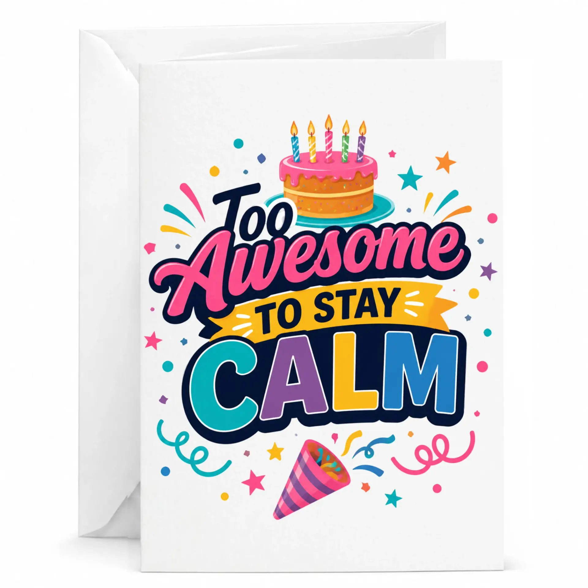 Birthday Card Too Awesome to Stay Calm Funny Greeting Card for Friends and Family Members with Birthday Cake Illustration