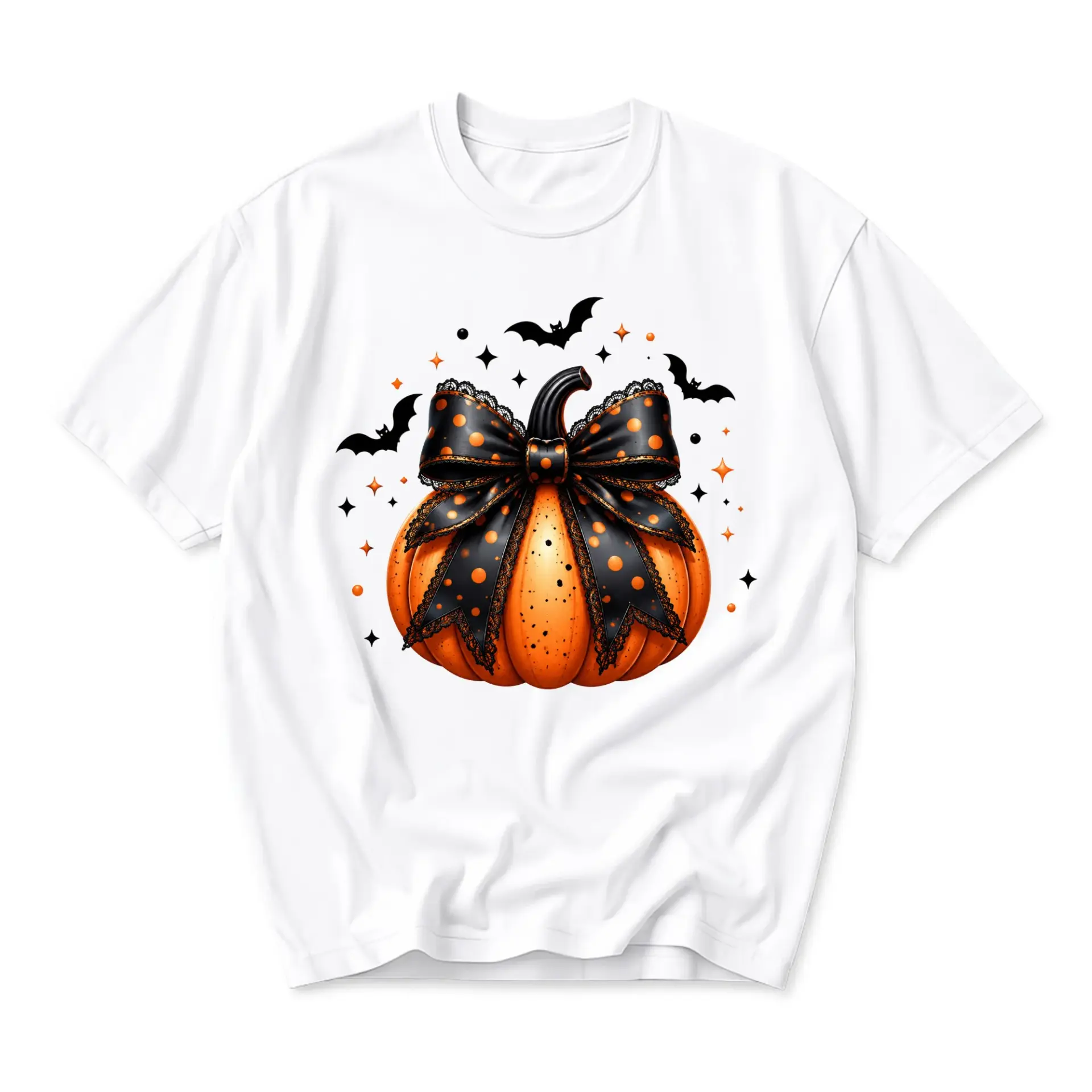 Graphic Tee Pumpkin with Black Polka Dot Bow Halloween Print Unisex Crew Neck Casual Everyday Short Sleeve Shirt