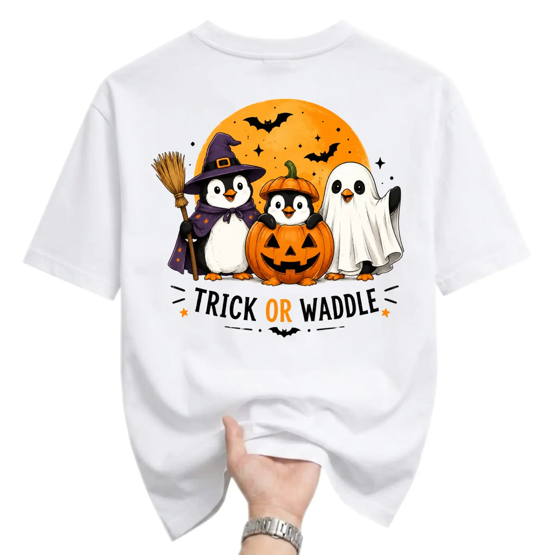 Funny Shirt Trick or Waddle Penguin Halloween Graphic Tee Cute Fall Season Unisex Casual Crew Neck Comfortable Top