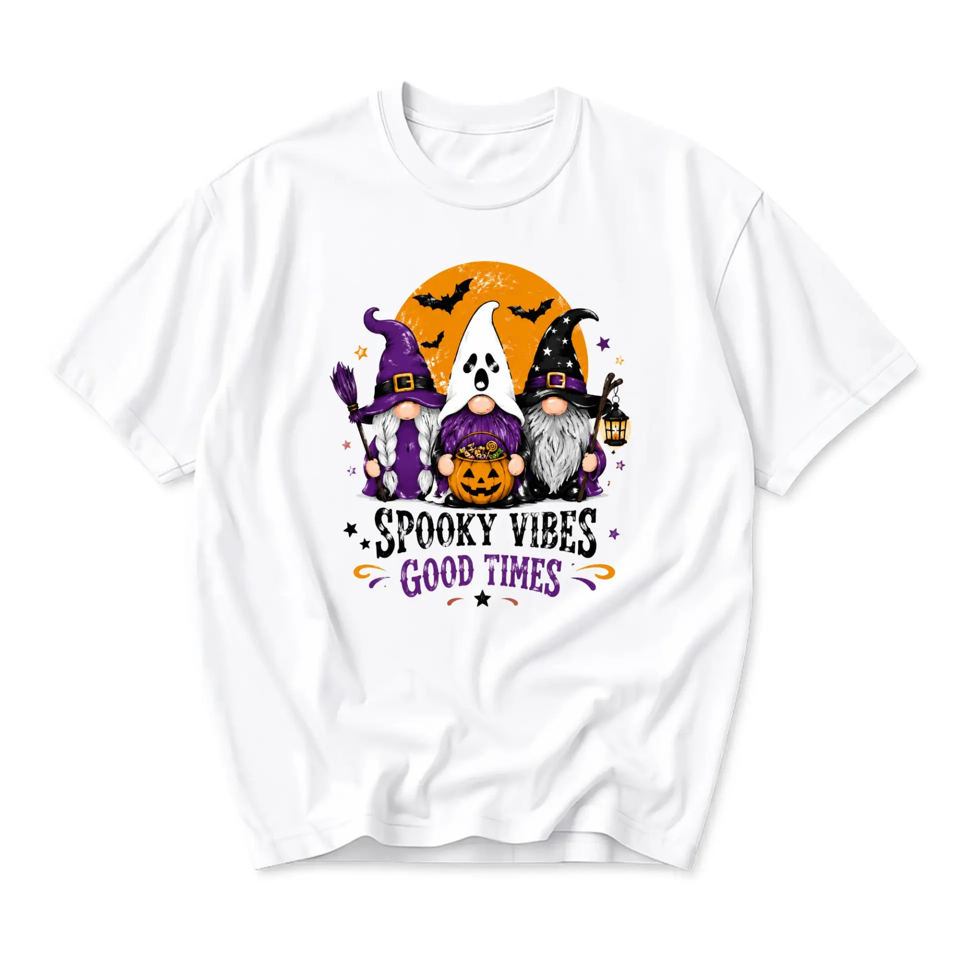 T-shirt Spooky Vibes Good Times Graphic Tee Halloween Gnome Illustration Holiday Themed Casual Unisex Crew Neck Top