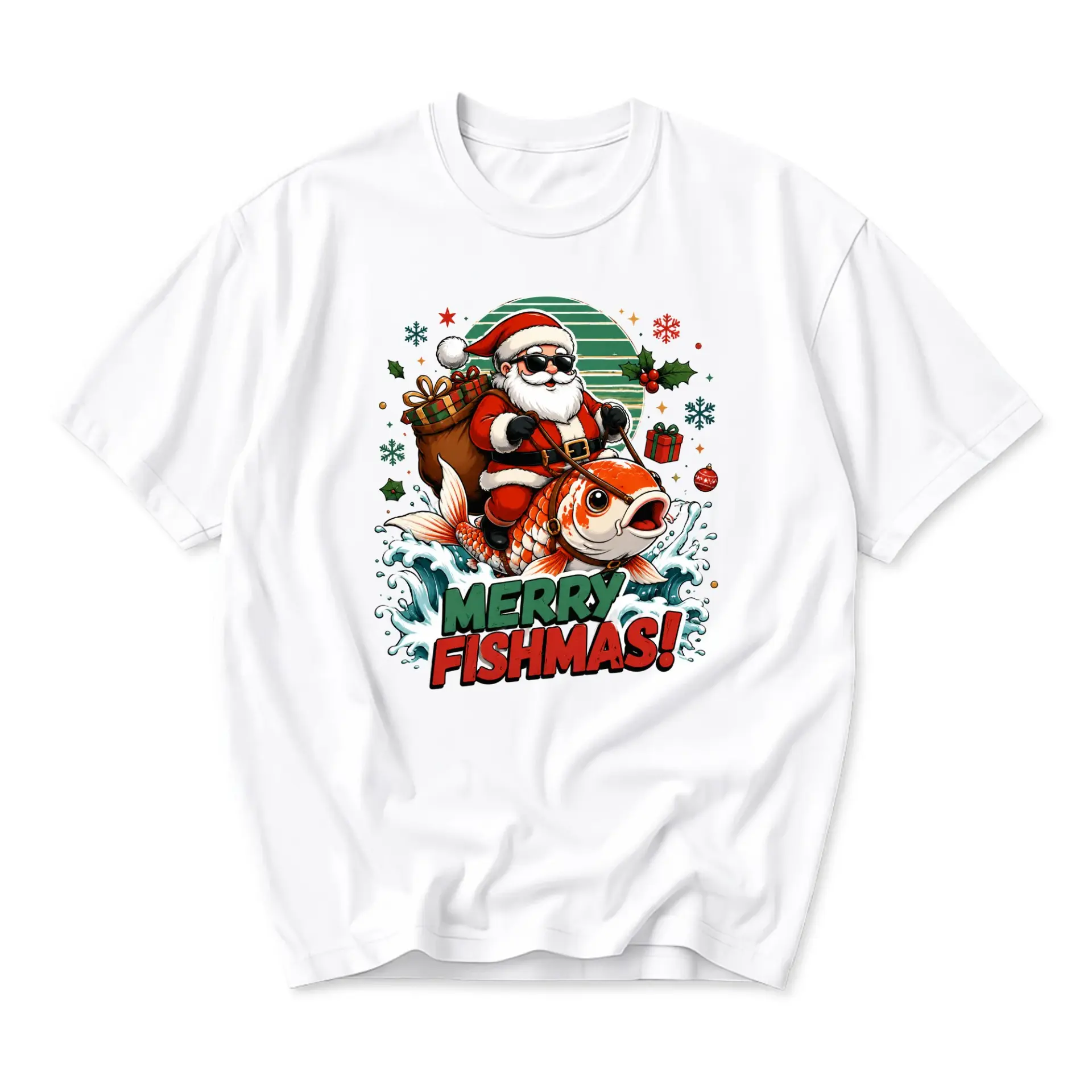 Funny Shirt Merry Fishmas Santa Riding a Fish Graphic Tee for Holiday Casual Wear Unisex Crew Neck Cotton T-Shirt