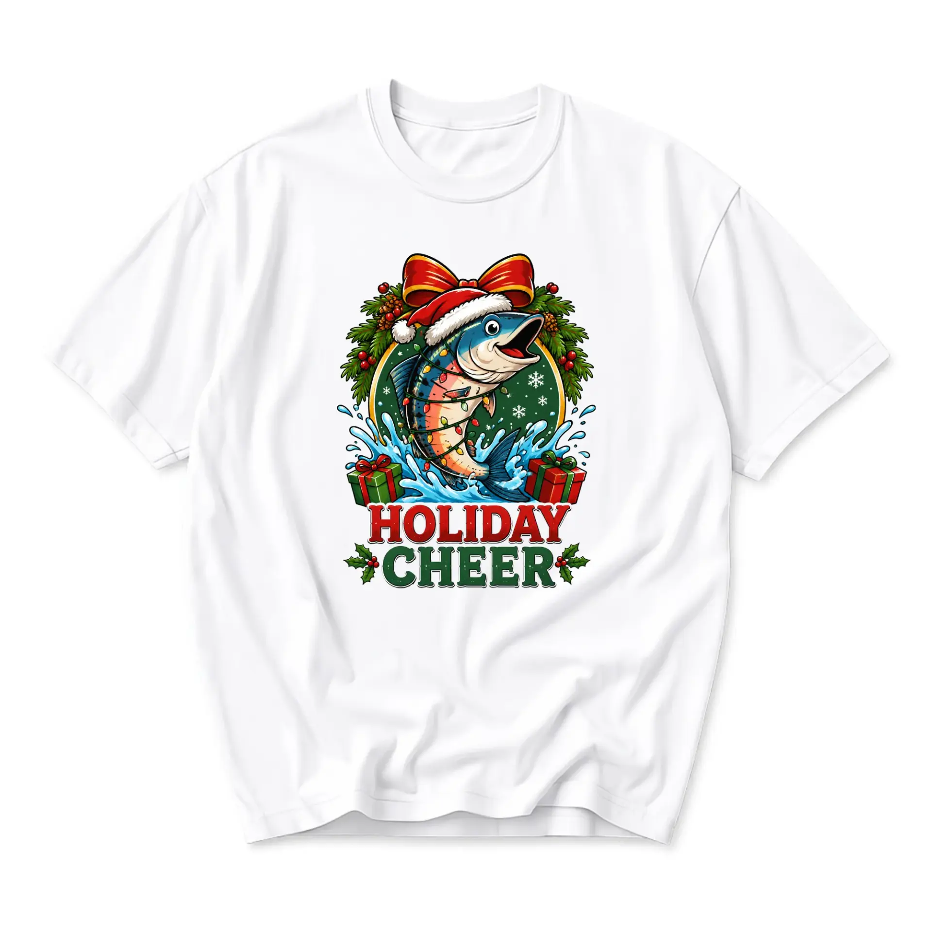 Funny Shirt Holiday Cheer Fish Graphic Tee Festive Apparel Unisex Crew Neck