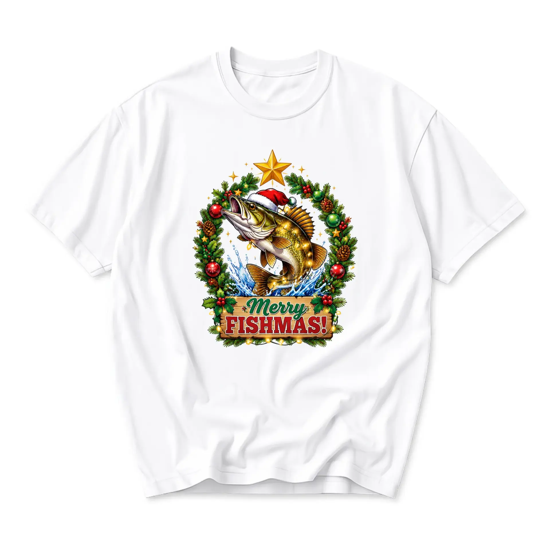 Funny Shirt Merry Fishmas Fishing Holiday Graphic Tee Unisex Casual Short Sleeve Crew Neck Cotton Blend Top