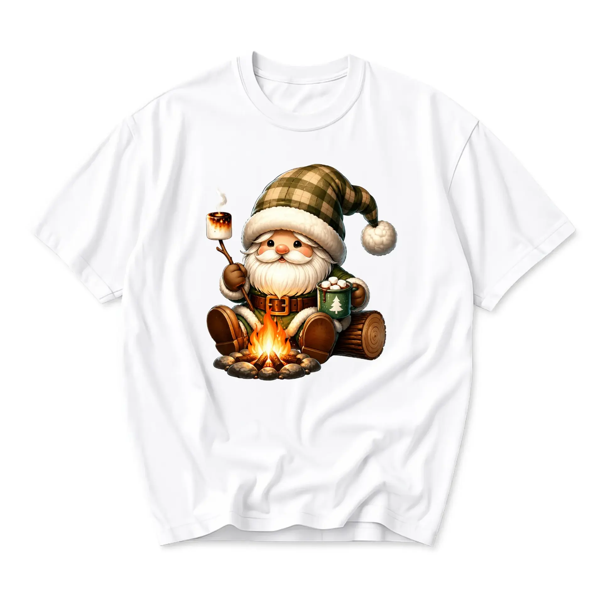 Graphic Tee Unisex Crew Neck T-Shirt Featuring a Festive Holiday Gnome Character Toasting Marshmallow at Campfire