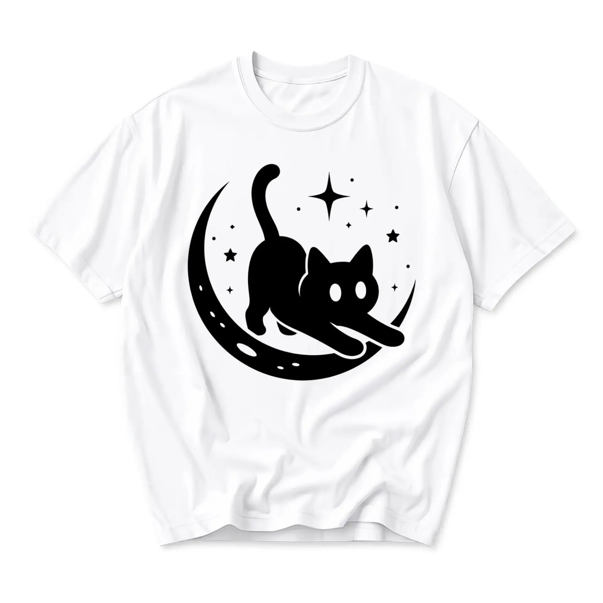Graphic Tee Black Cat on Crescent Moon Design White Unisex Crew Neck Casual Shirt for Everyday Comfort and Style