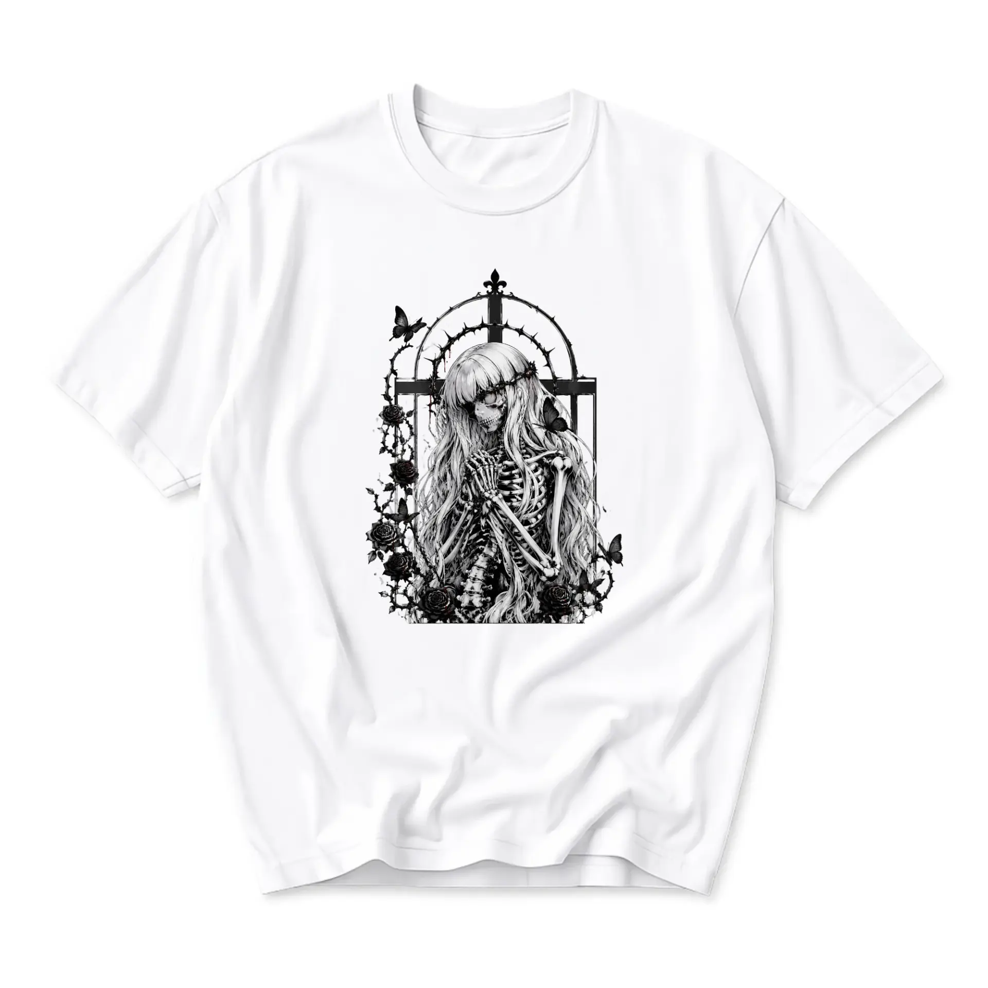 Graphic Tee Unisex Skeleton Gothic Anime Art T-Shirt with Roses and Butterflies for Casual Everyday Streetwear Style
