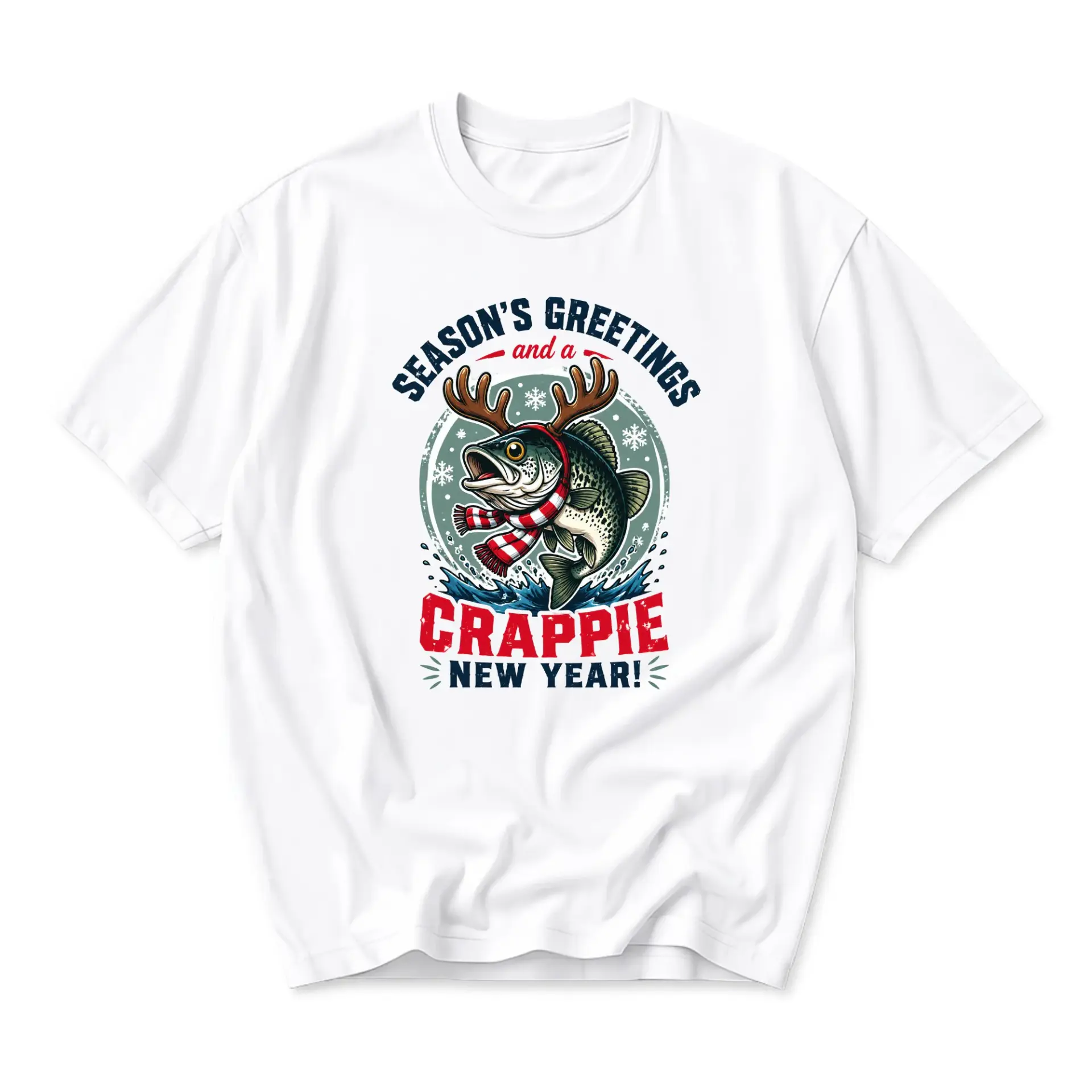 Funny Shirt Season Greetings Crappie New Year Graphic Tee Unisex Fishing Holiday Apparel Short Sleeve Crew Neck Top