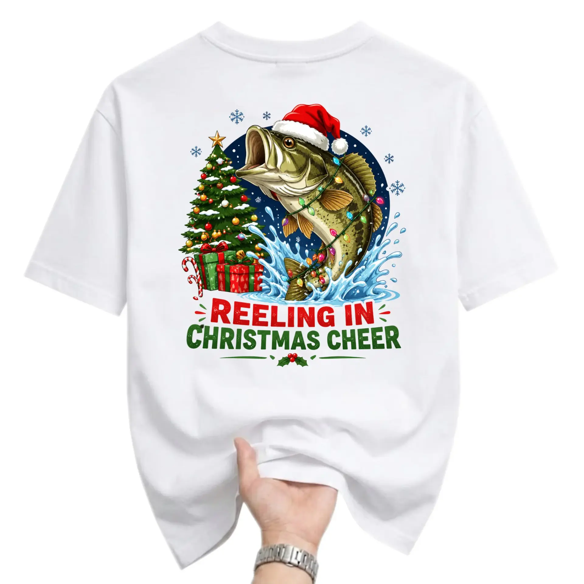 Funny Shirt Reeling in Christmas Cheer Graphic Tee for Fisherman Holiday Enthusiasts Unisex Crew Neck Cotton Top