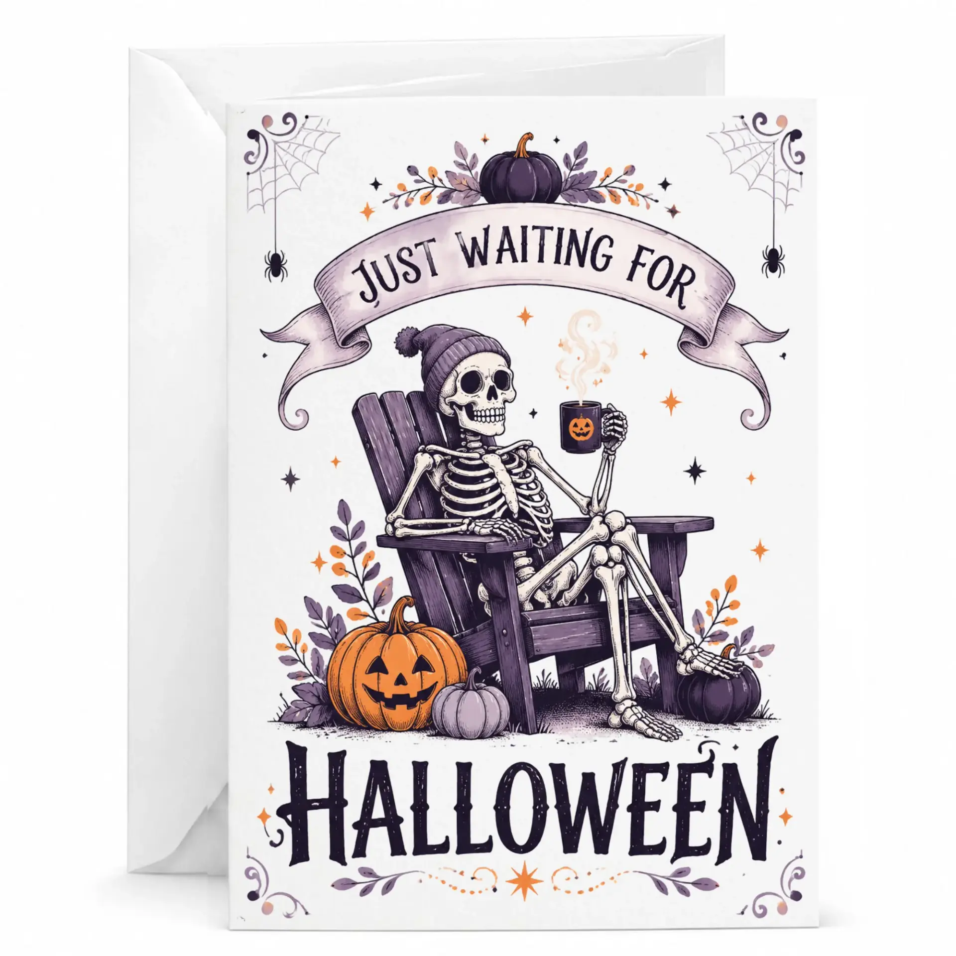 Funny Halloween Greeting Card Just Waiting for Skeleton Illustration Spooky Fall Holiday Season Note