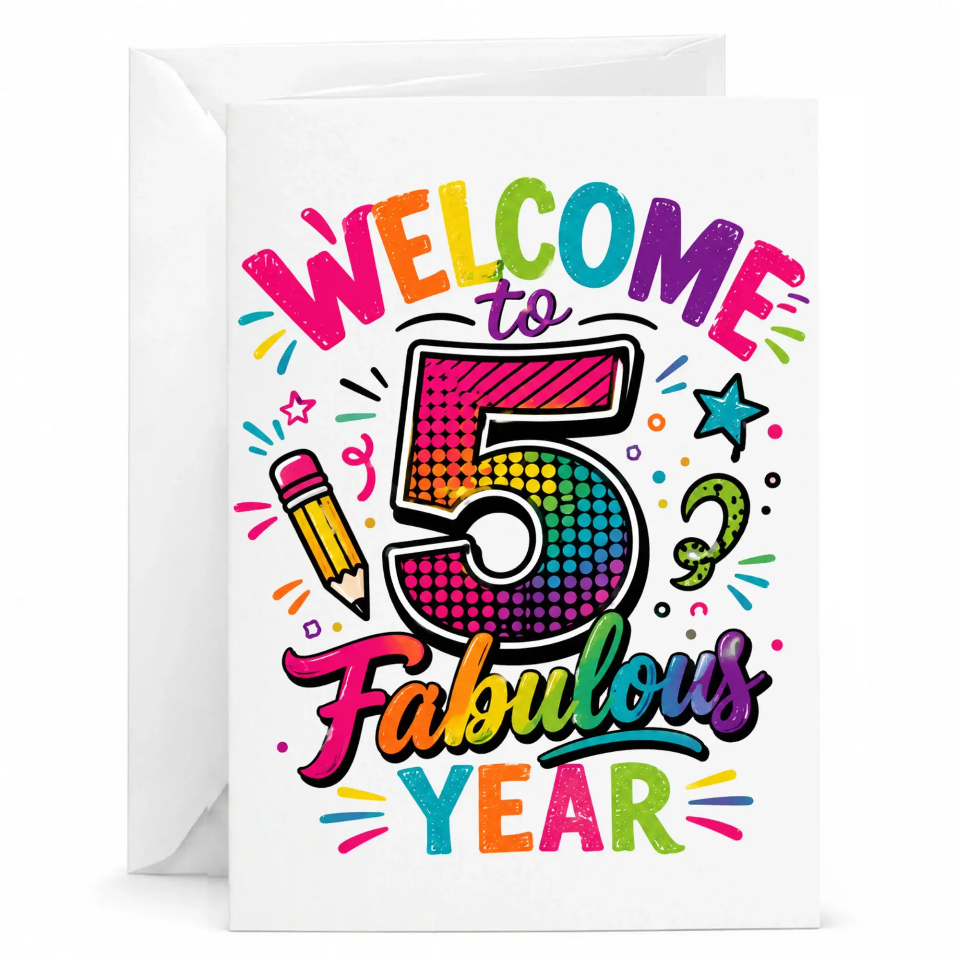 Greeting Card Welcome to 5 Fabulous Year Colorful Typography Design Birthday Milestone Note Premium Paper Stationery