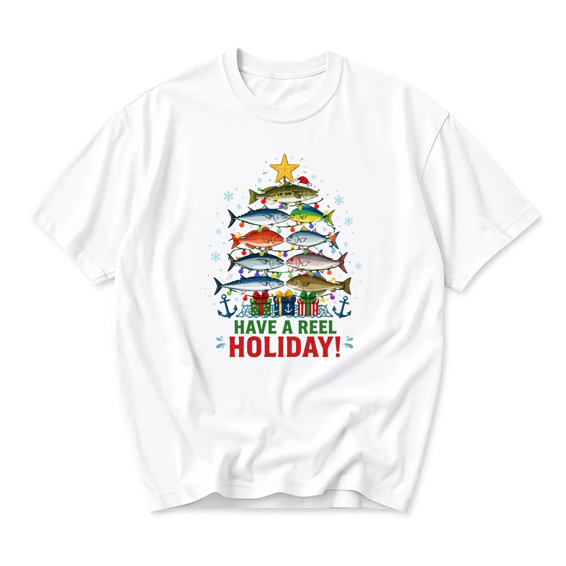 Graphic Tee Have a Reel Holiday Fishing Christmas Tree Shirt Funny Seasonal